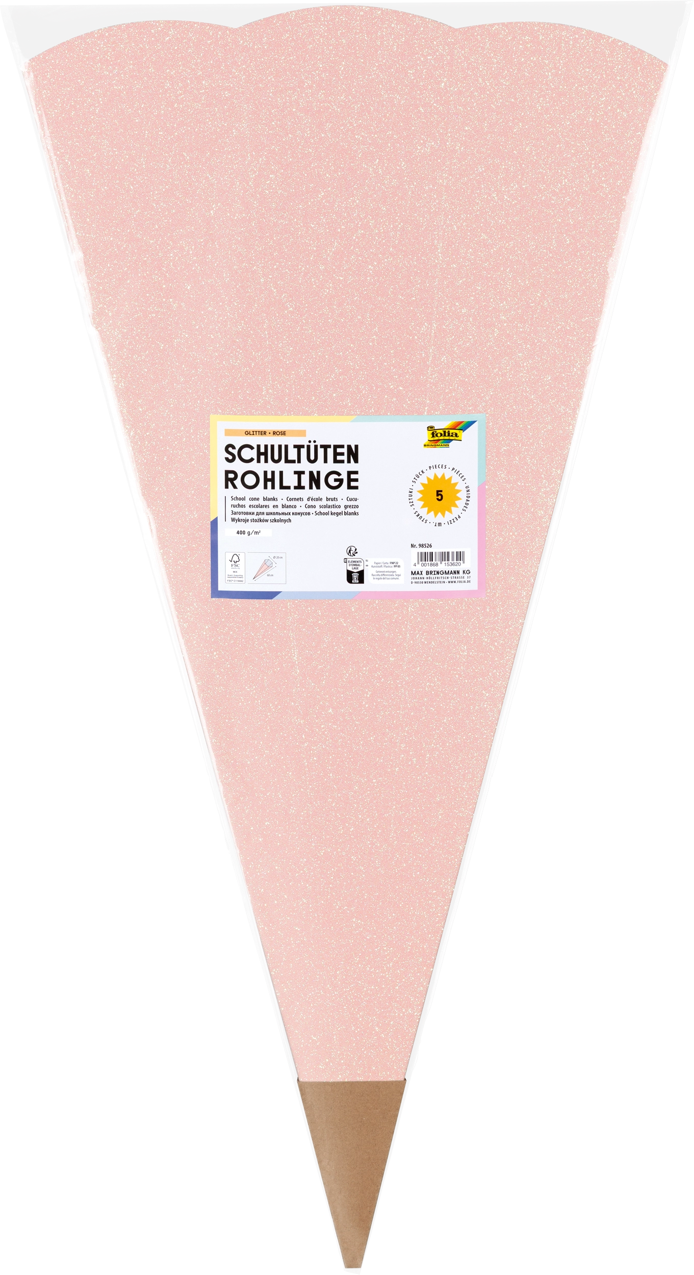 School Cone Blanks, Glitter, Rose, 400 g/m², 5 pieces