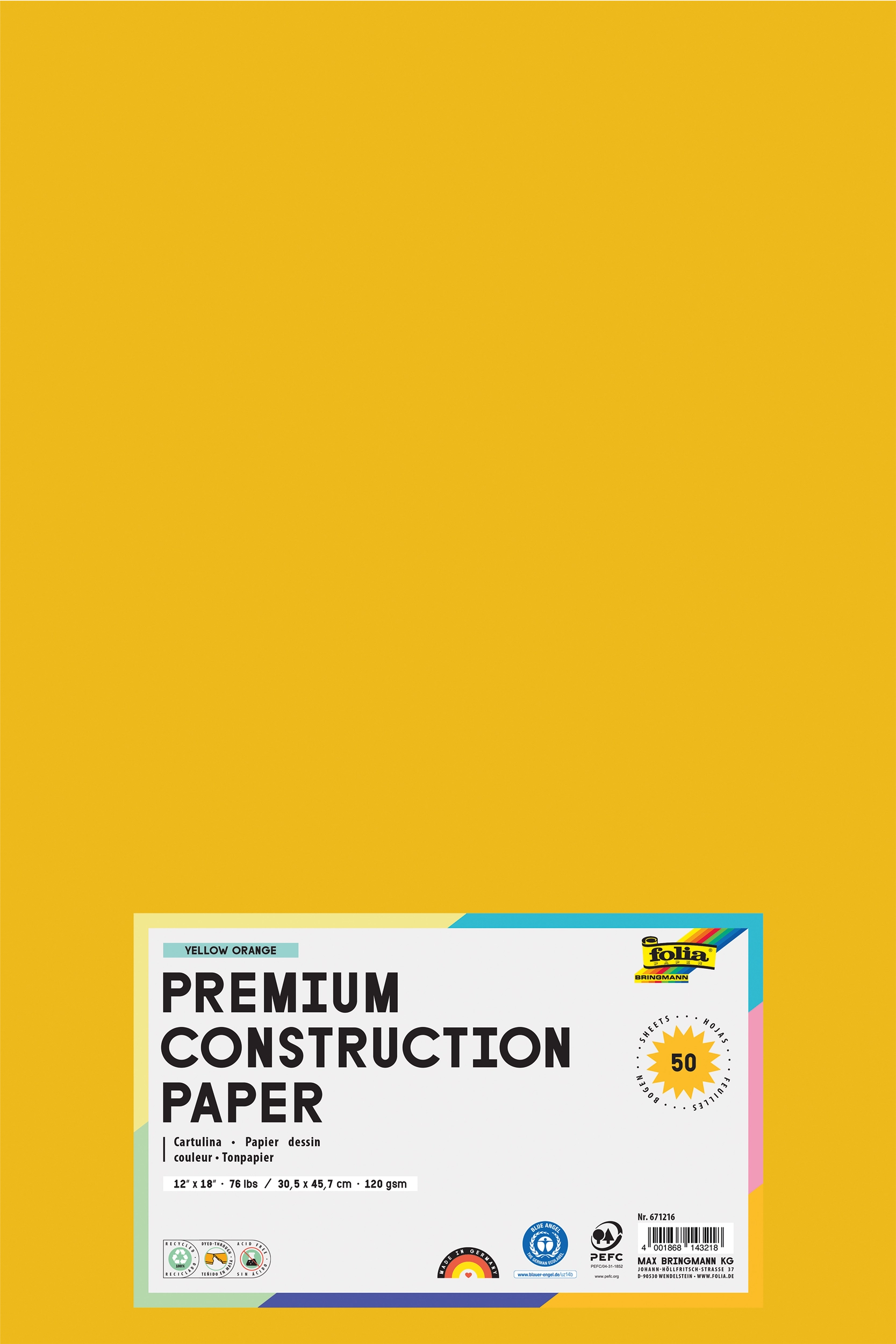 Tonpapier, Dunkelgelb, 30,5 x 45,7 cm, 120 g/m², 50 Blatt