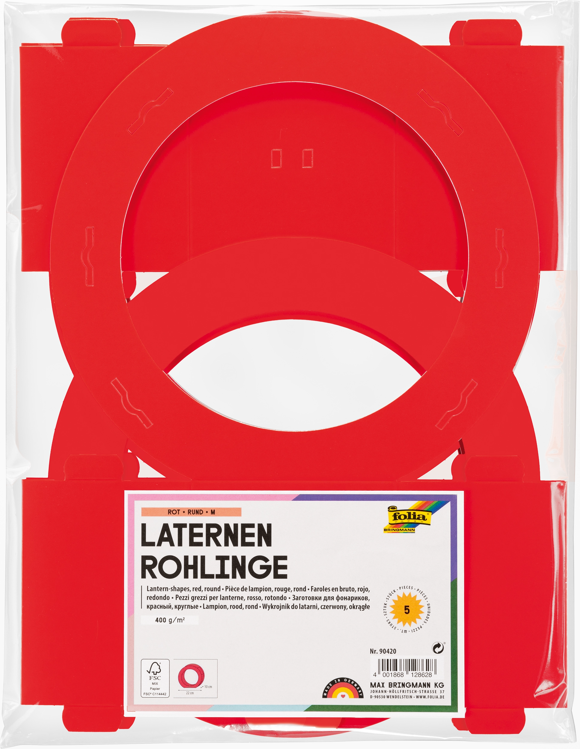Laternen-Rohlinge, Rot, Rund, Ø 22 x 10 cm, 400 g/m², Ø 22 cm, 5 Stück