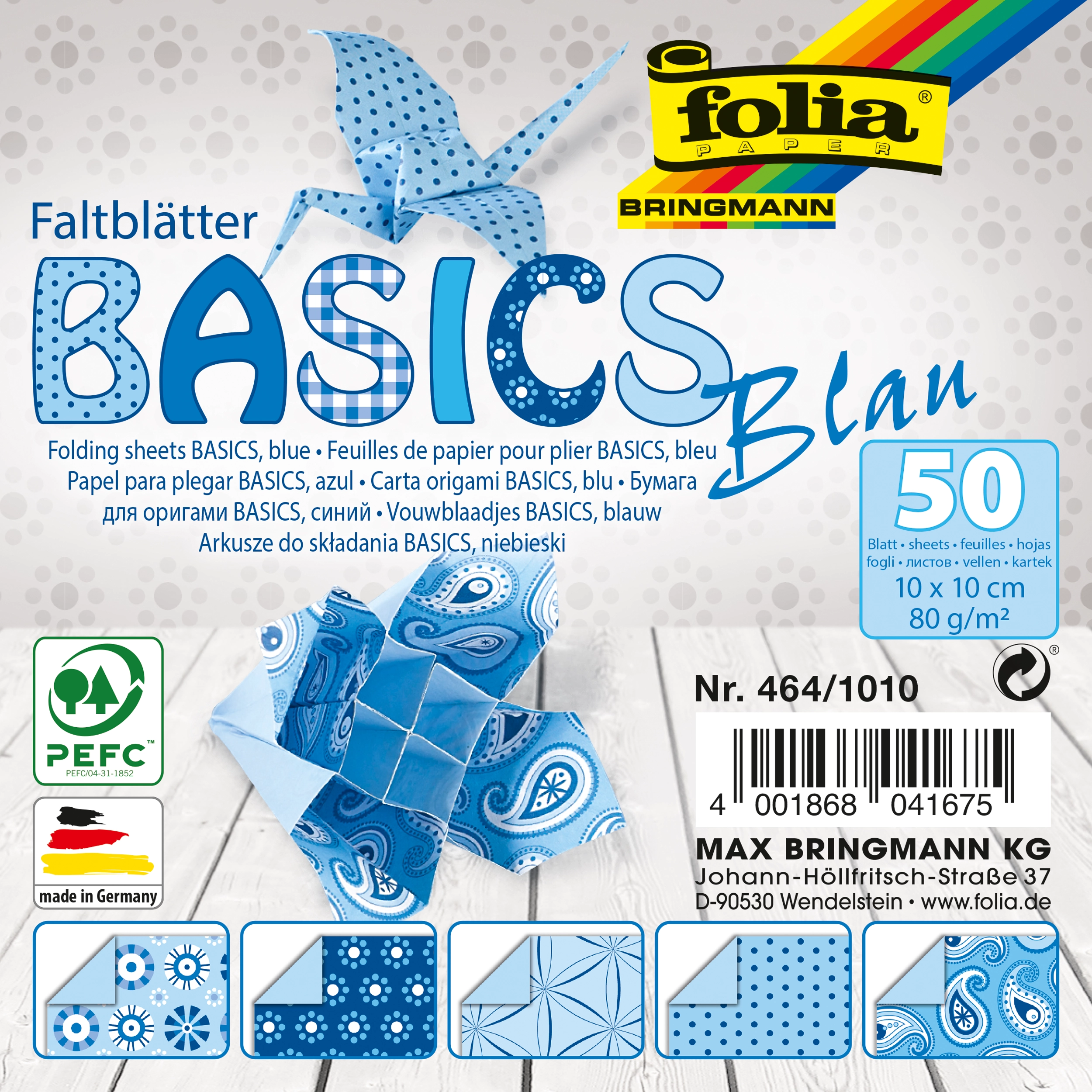 Origamipapier, Basics, Blau, 10 x 10 cm, 80 g/m², 50 Blatt