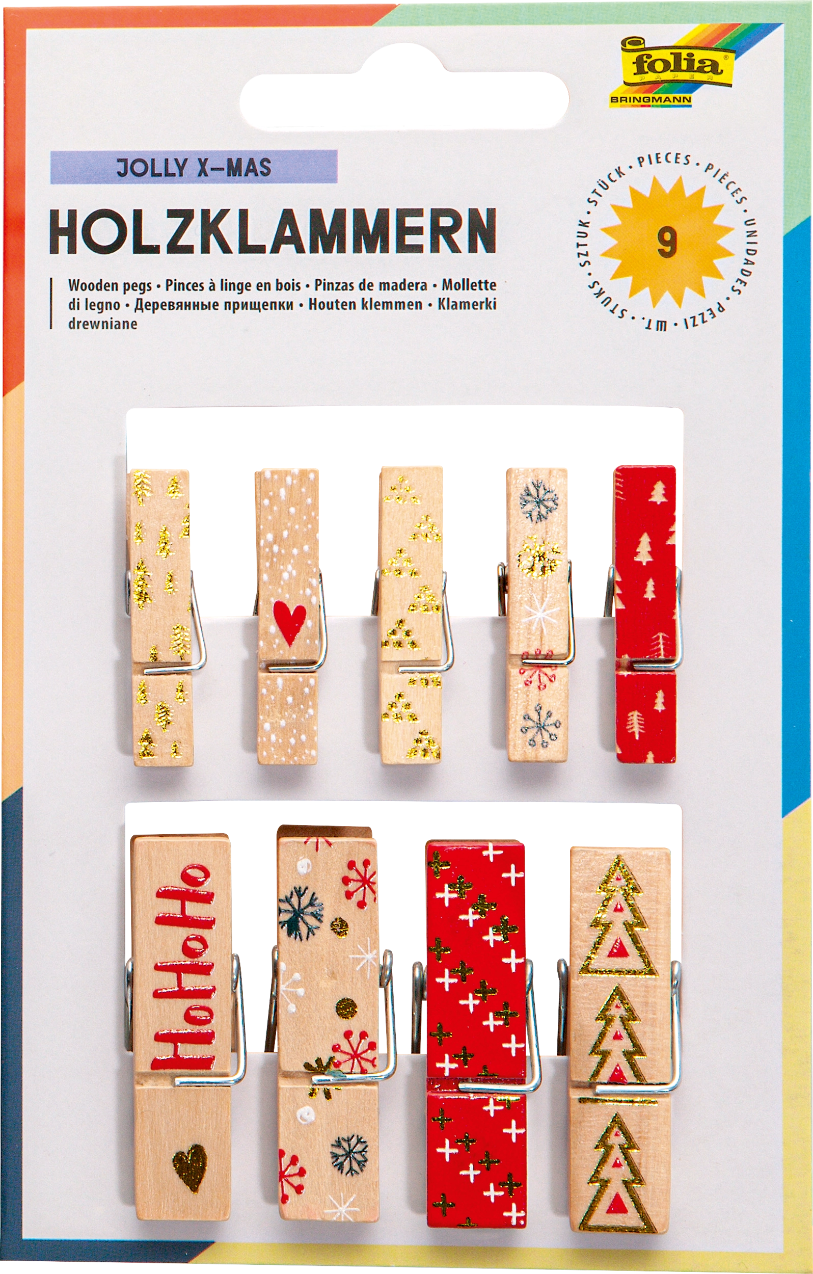Holzklammern, Jolly X-Mas, 9 Stück
