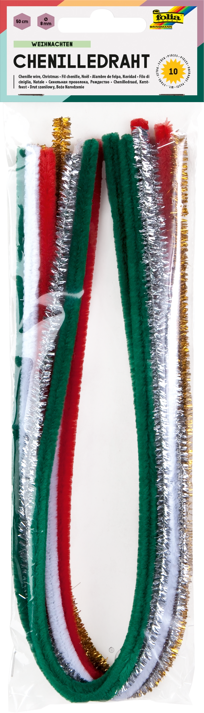 Chenille Wire, Christmas, Ø 8 mm, 50 cm, 10 pieces