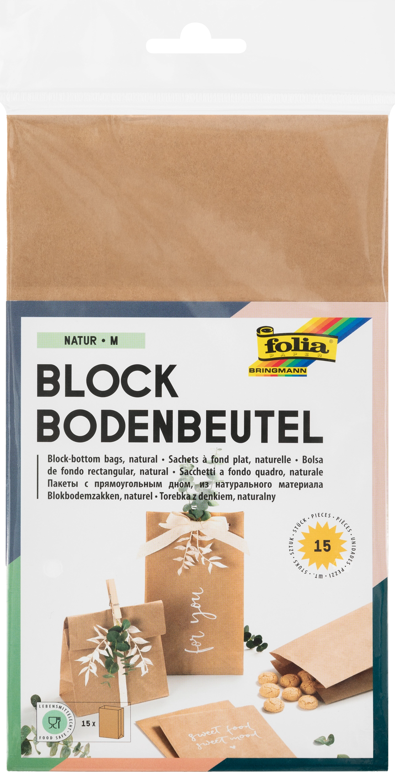 Blockbodenbeutel, Natur, M, 15 Stück