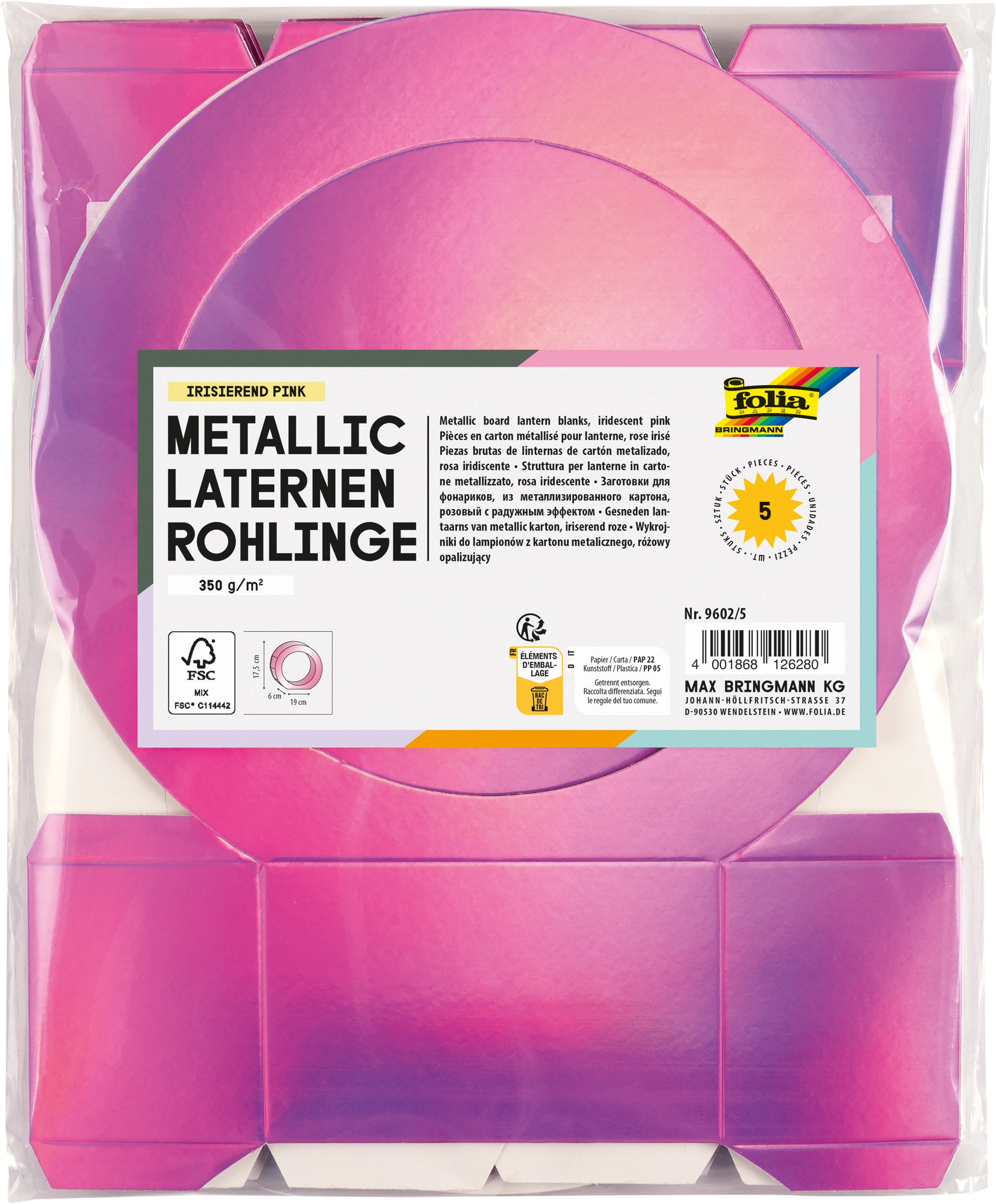 Metallic Lantern Blanks, Iridescent Pink, round, Ø 19 x 6 cm, 350 g/m², 5 blanks