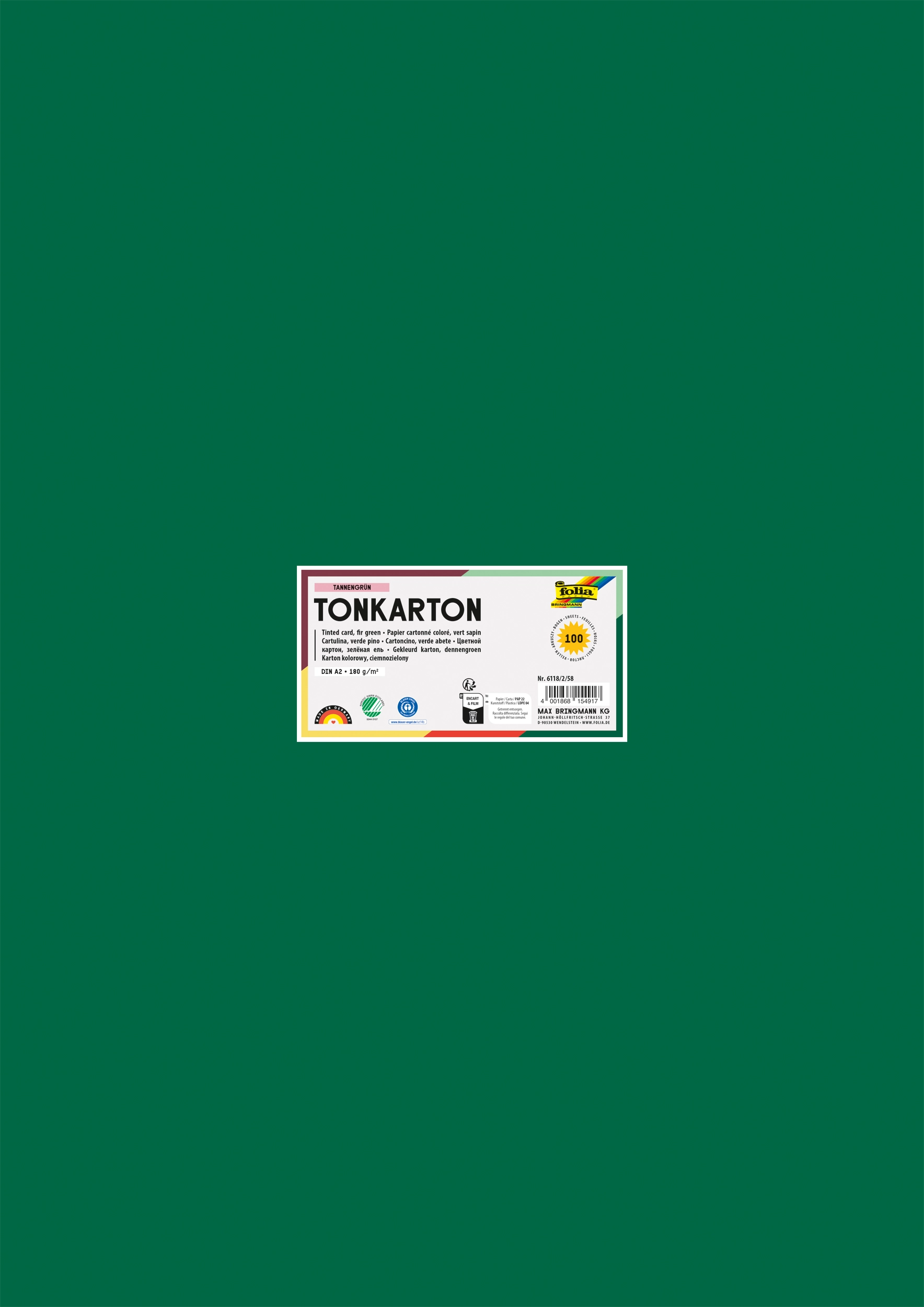 Tinted Card, Fir Green, DIN A2, 180 g/m², 100 sheets