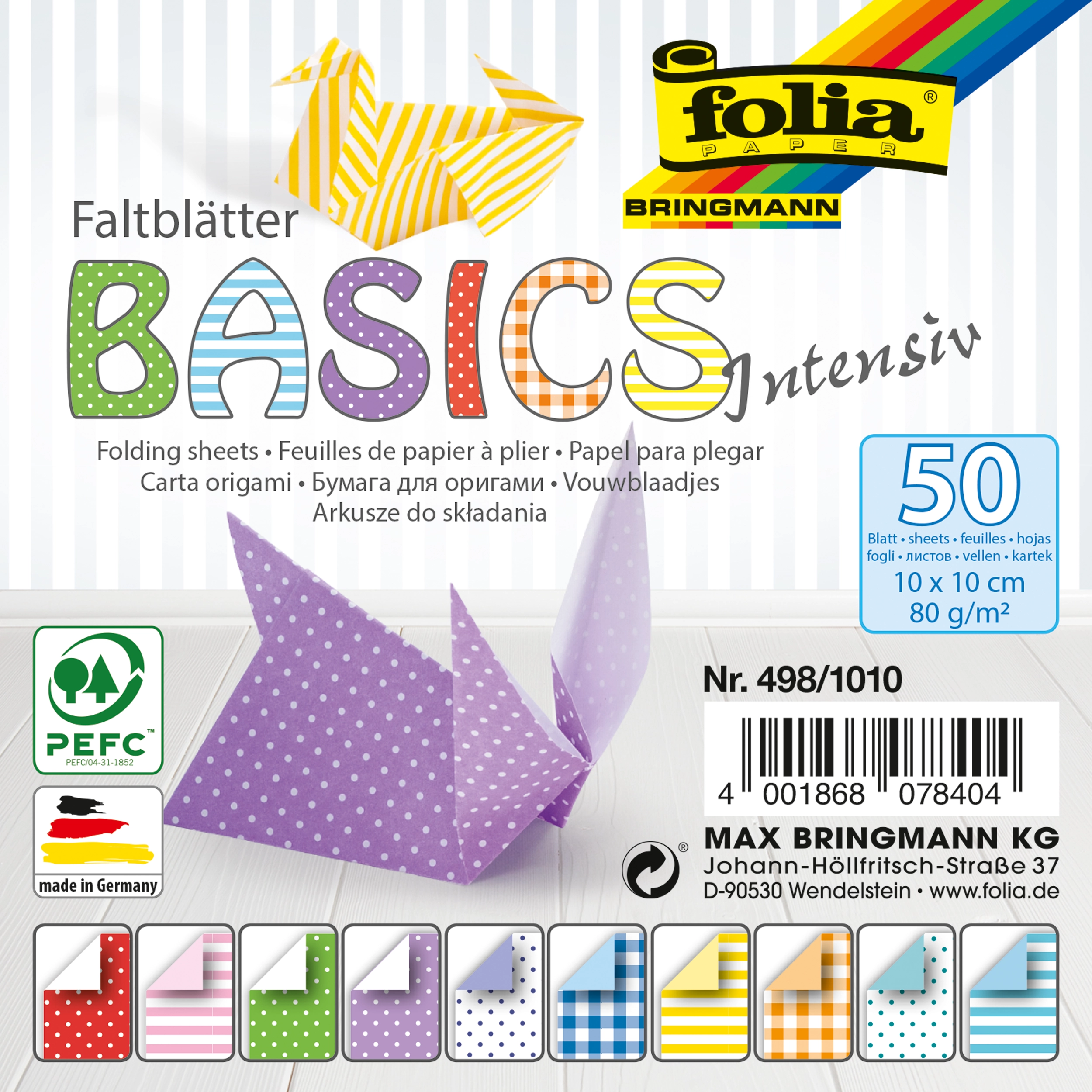 Origamipapier, Basics, Intensiv Mix, 10 x 10 cm, 80 g/m², 50 Blatt