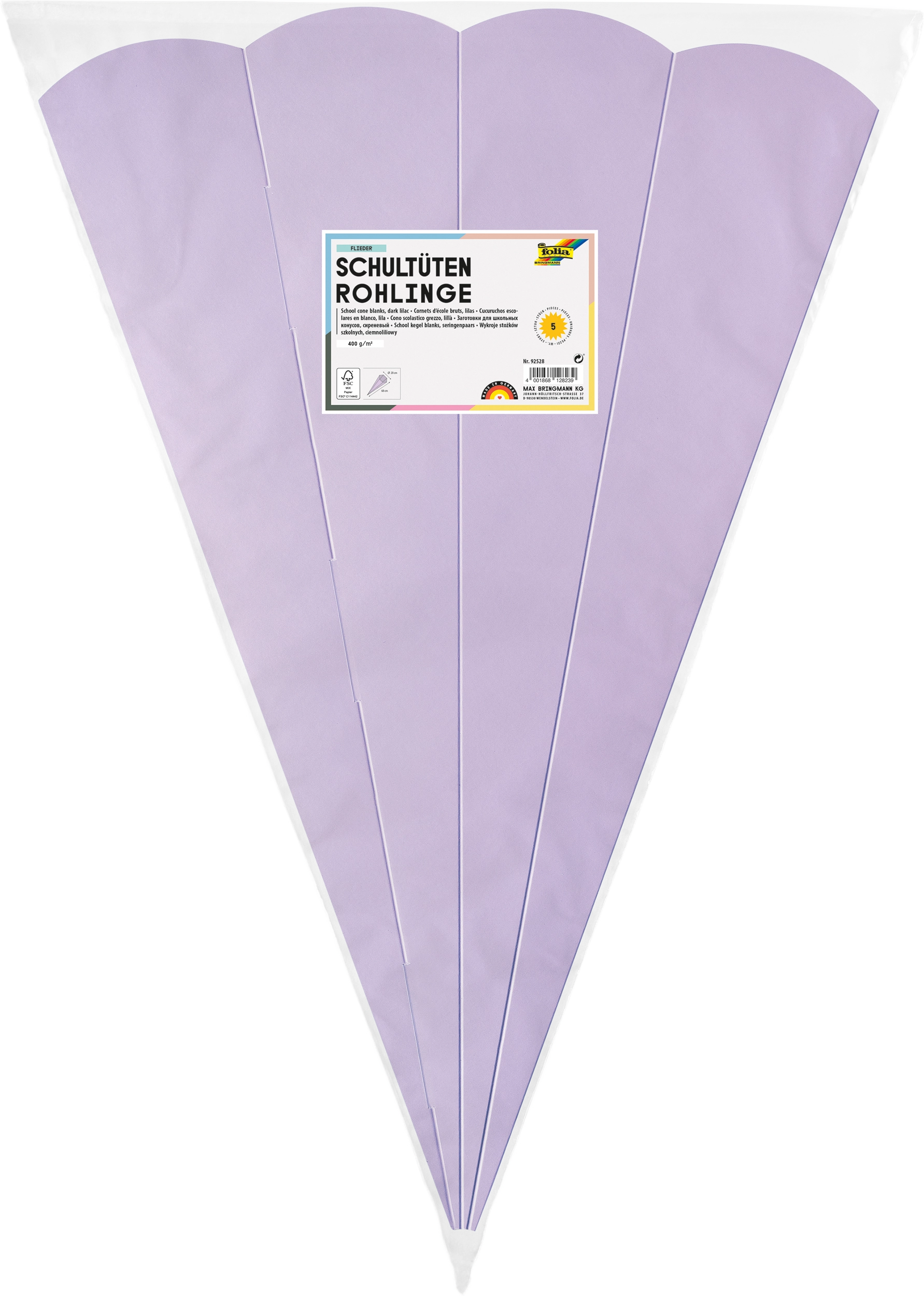 Schultüten-Rohlinge, Flieder, 400 g/m², 68 cm, 5 Stück