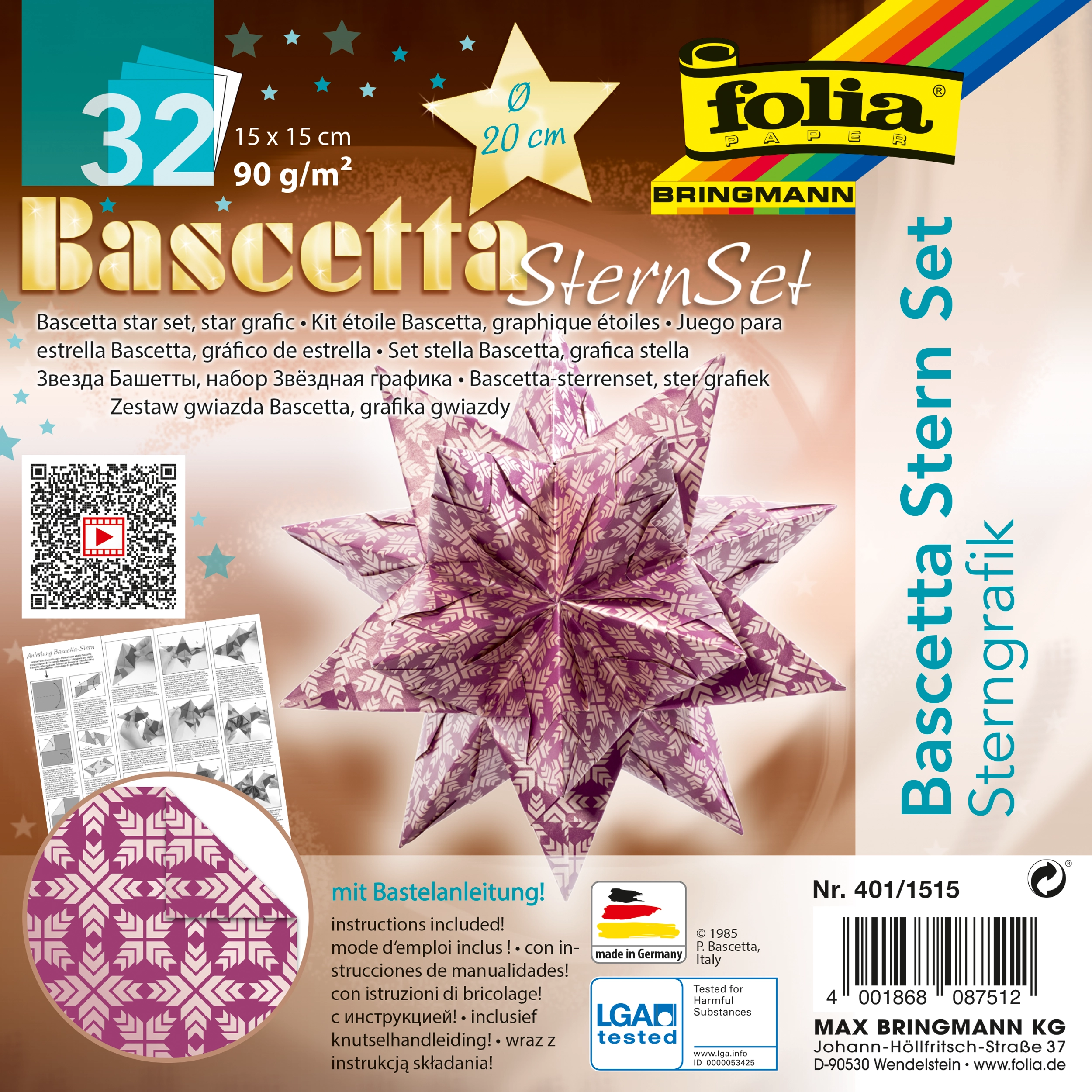 Bascetta Stern, Sterngrafik, Lila & Silber, 15 x 15 cm, Ø 20 cm