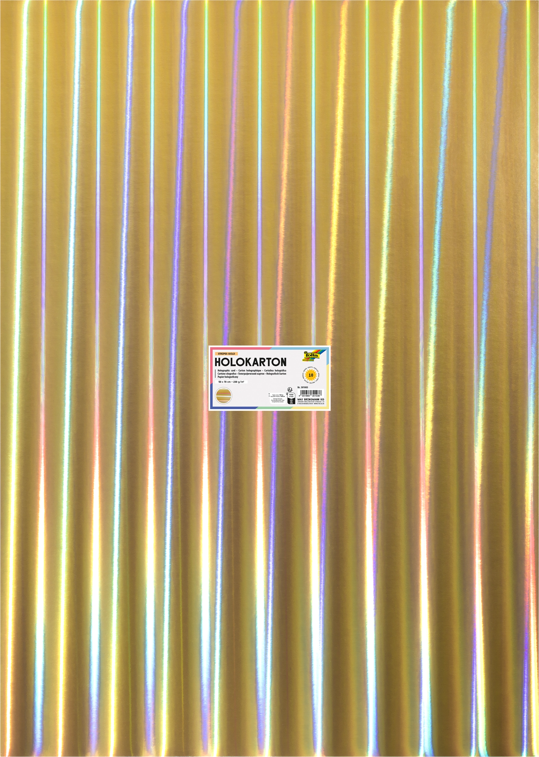 Holographic Card , Stripes Gold, 50 x 70 cm, 230 g/m², 10 sheets