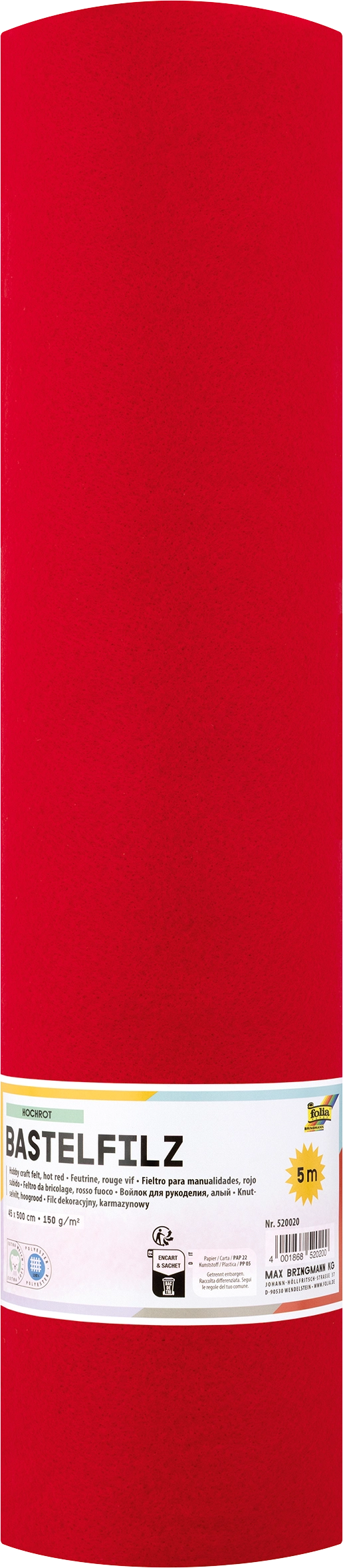 Hobby Craft Felt, Hot Red, 45 cm x 5 m, 150 g/m², 1 roll