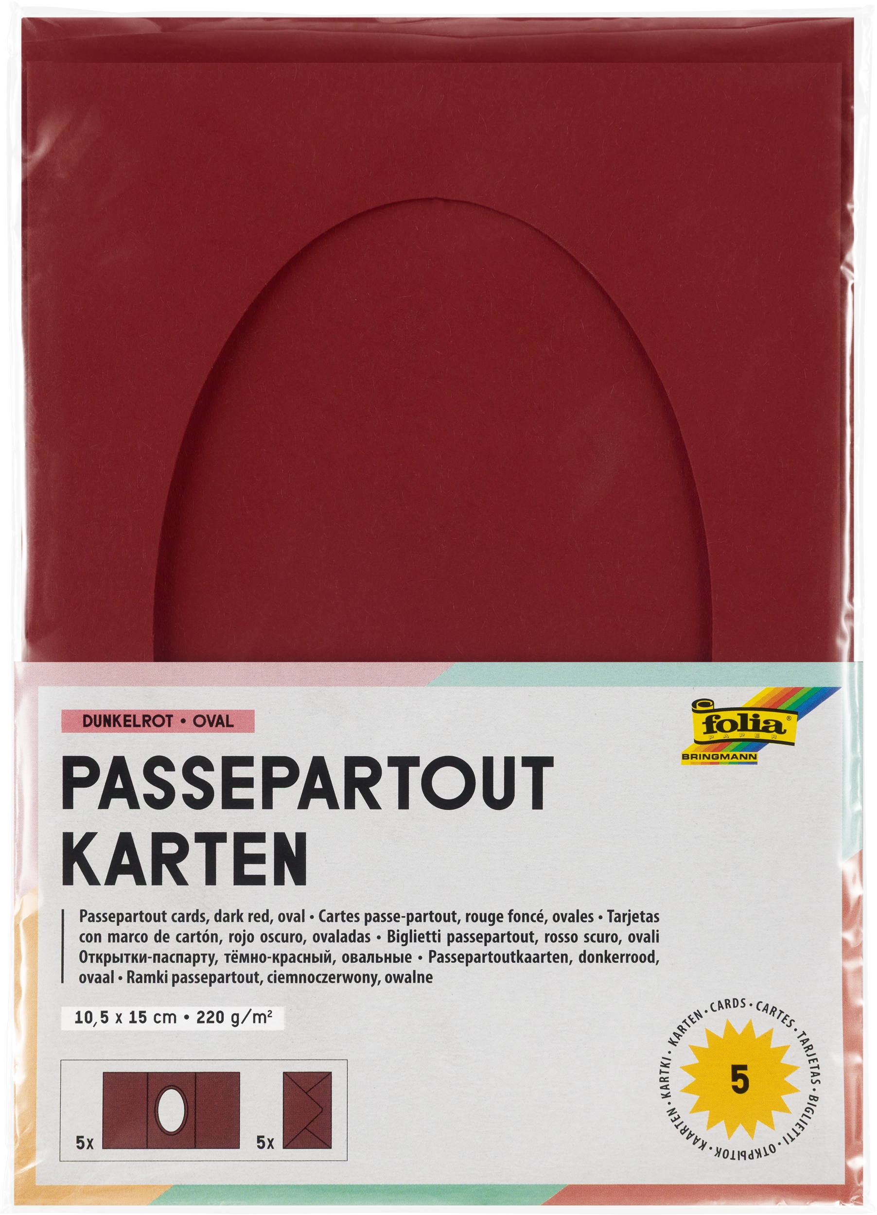 Passepartoutkarten, Dunkelrot, Oval, 10,5 x 15,0 cm, 130 g/m², 220 g/m² , 5 Stück