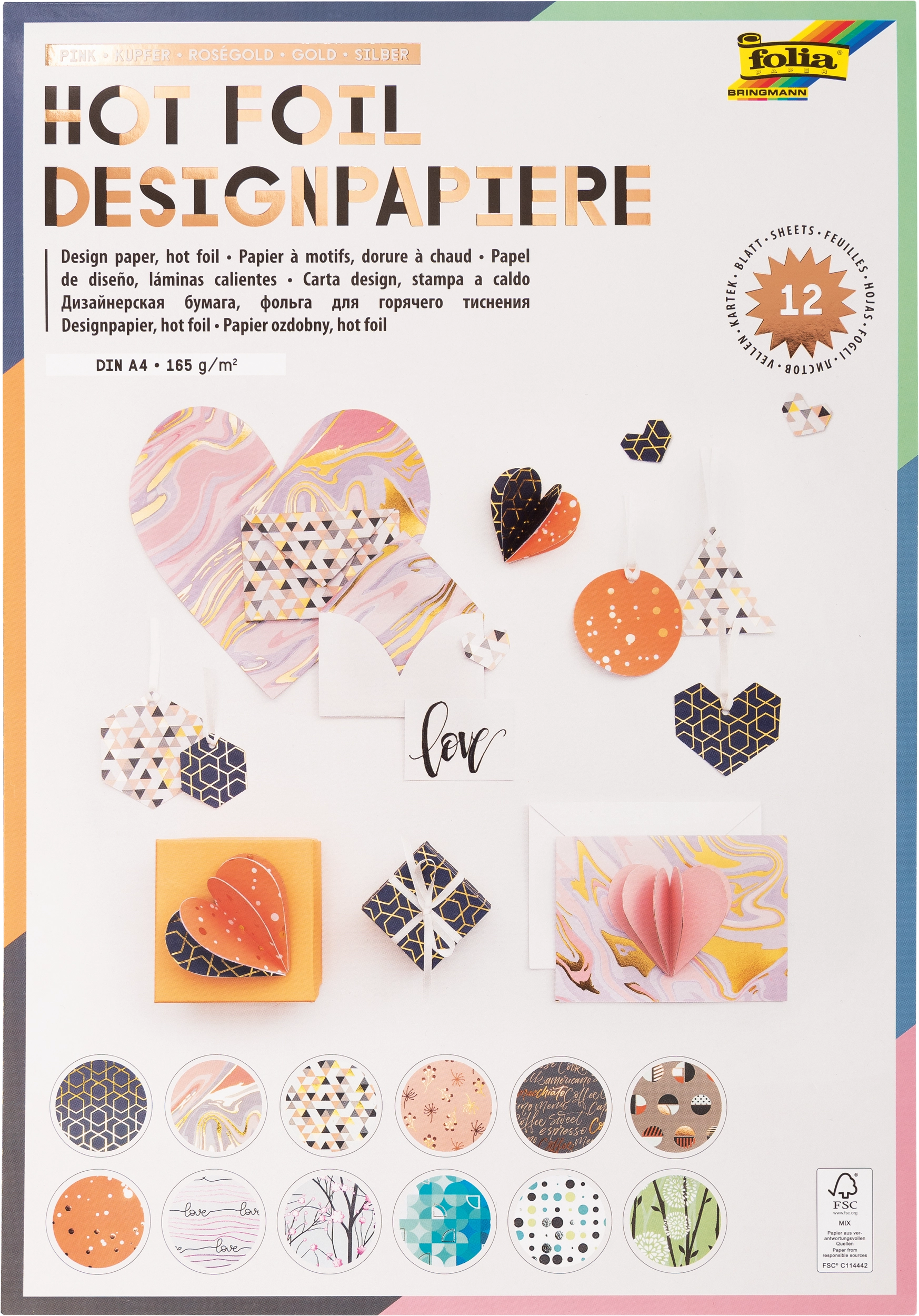 Hot Foil Design Paper Pad, Pink, Copper, Rose Gold, Gold, Silver, DIN A4, 165 g/m², 12 sheets