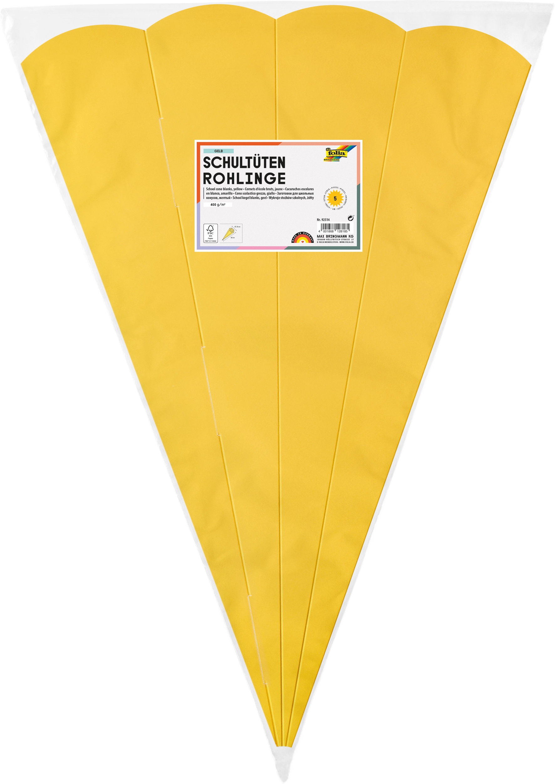 Schultüten-Rohlinge, Gelb, 400 g/m², 68 cm, 5 Stück