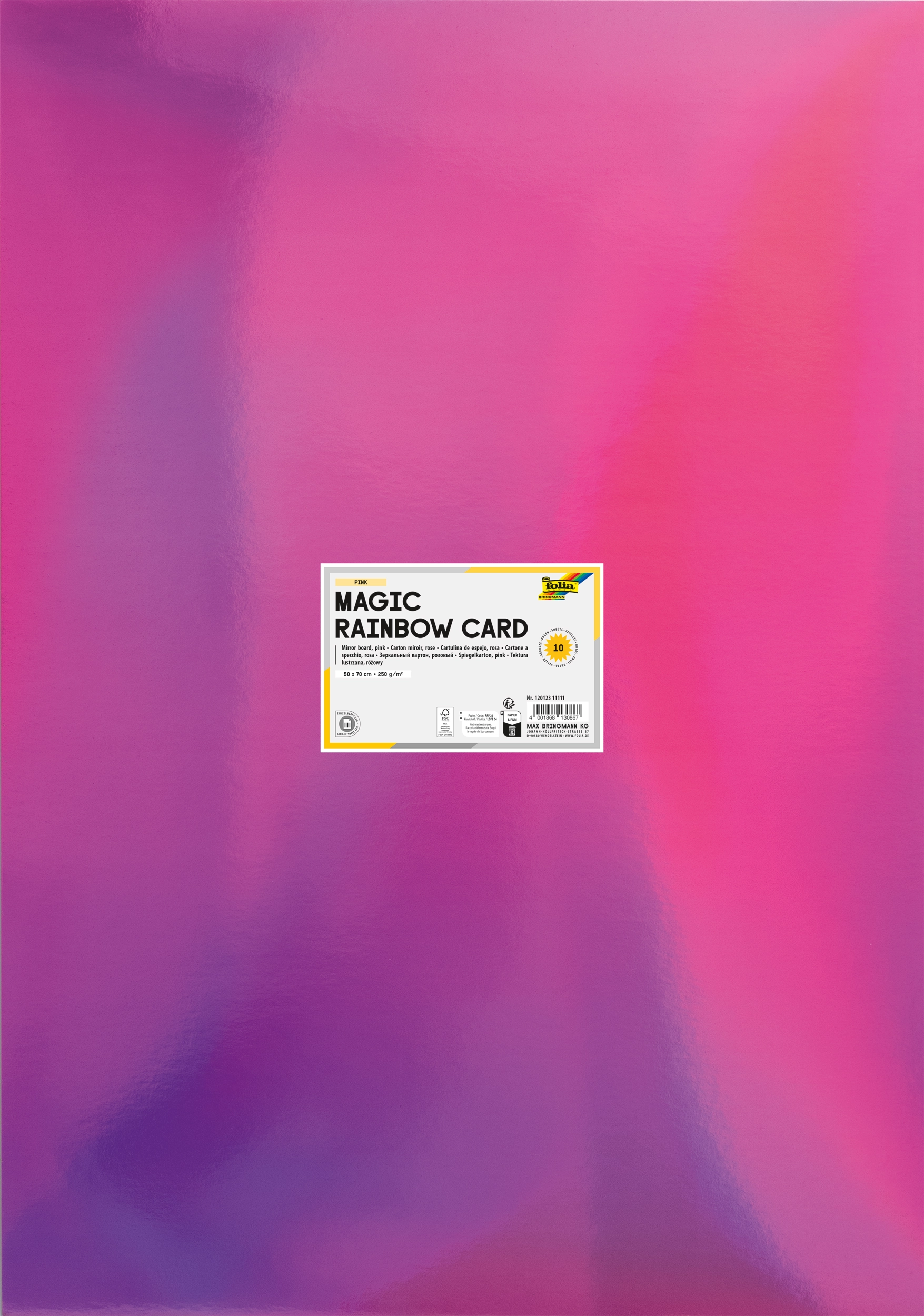 Magic Rainbow Card, Pink, Iridescent, 50 x 70 cm, 250 g/m², 10 sheets, with individual EAN