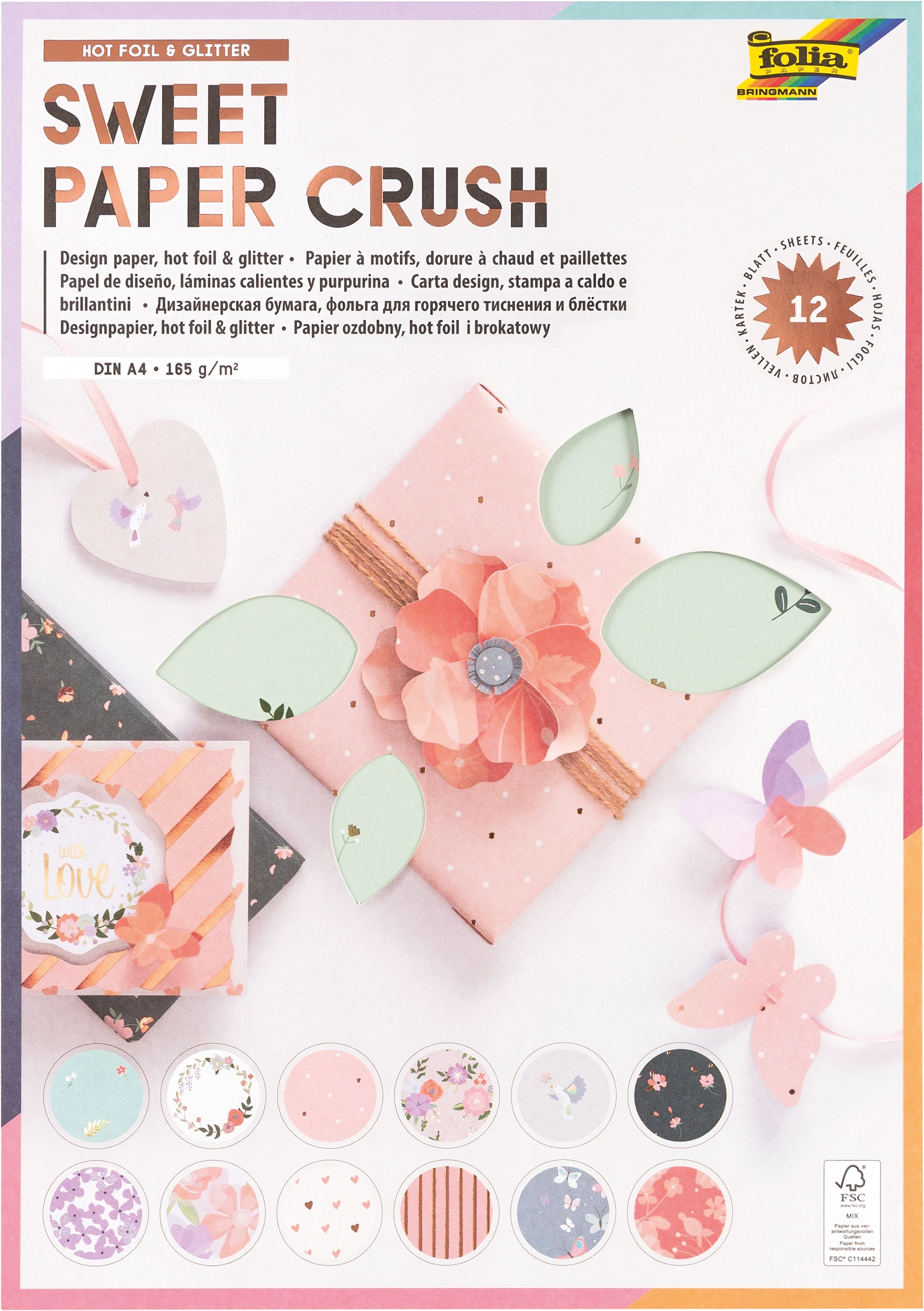 Designpapierblock Sweet Paper Crush, Hot Foil & Glitter, DIN A4, 165 g/m², 12 Blatt