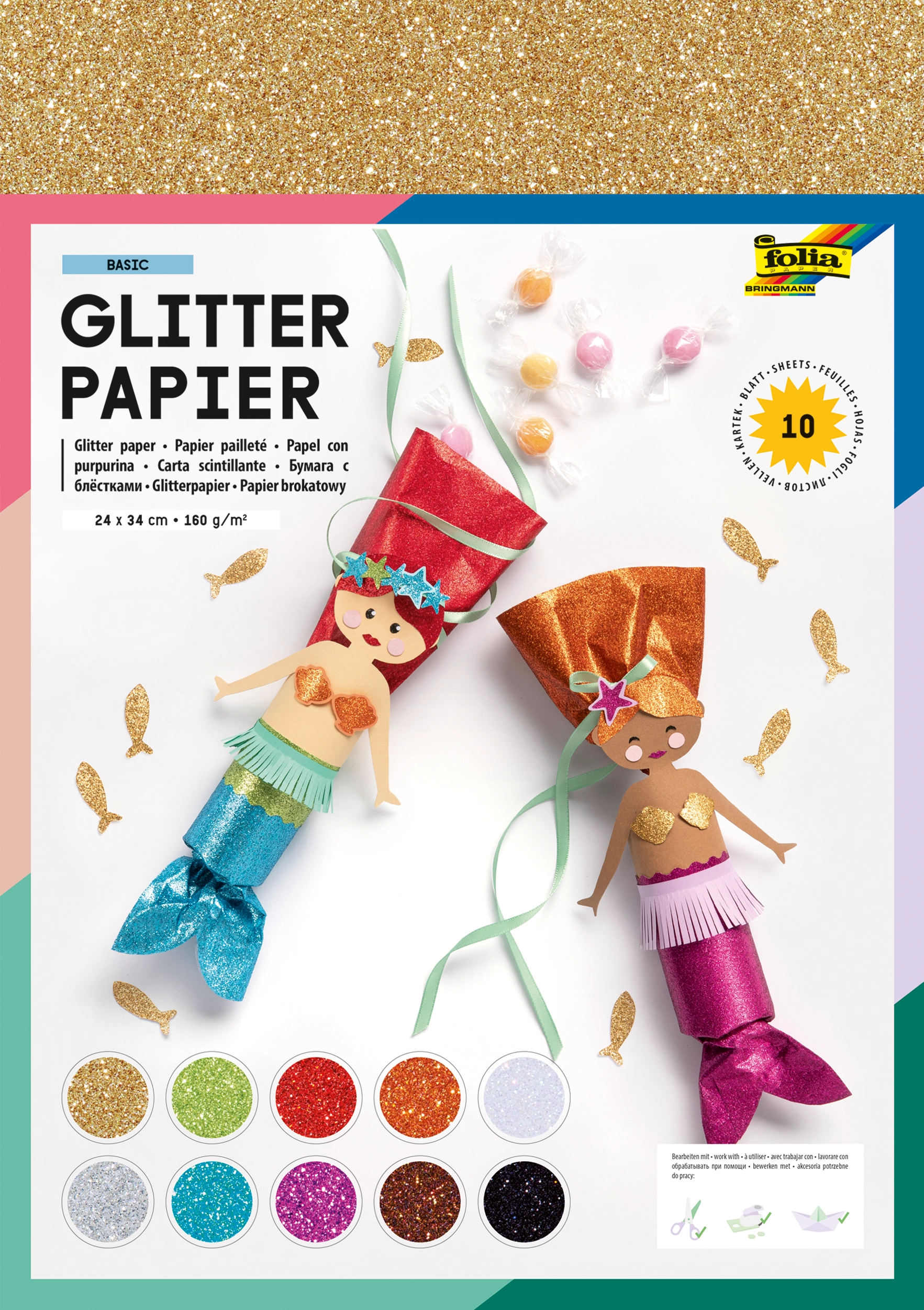 Glitterpapier, Basic, 24 x 34 cm, 160 g/m², 10 Blatt