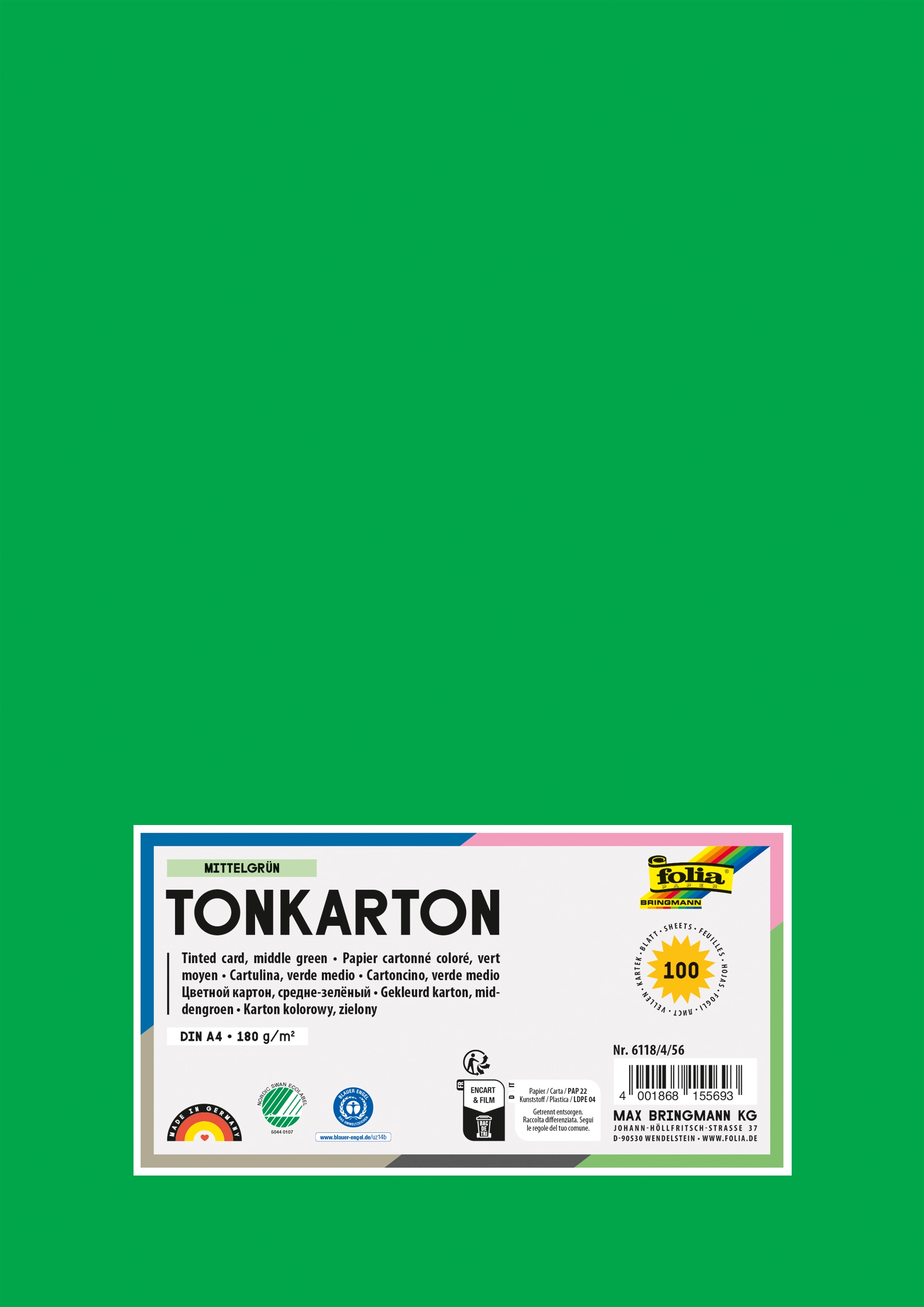 Tinted Card, Middle Green, DIN A4, 180 g/m², 100 sheets
