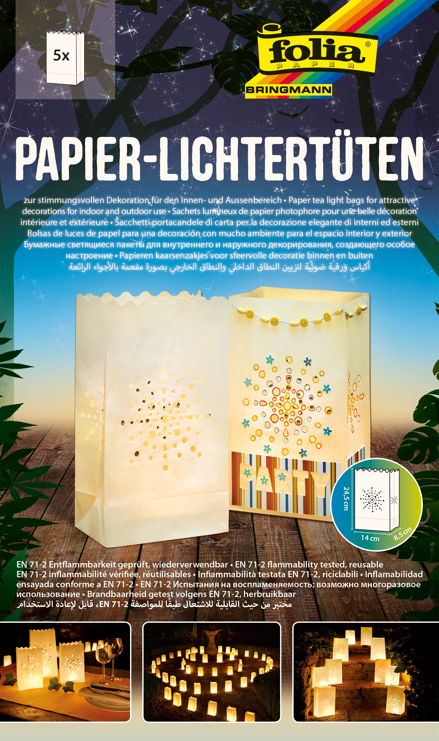 Papier Lichttüten Sets, Sonne , 24,5 x 14,0 cm, 5 Stück