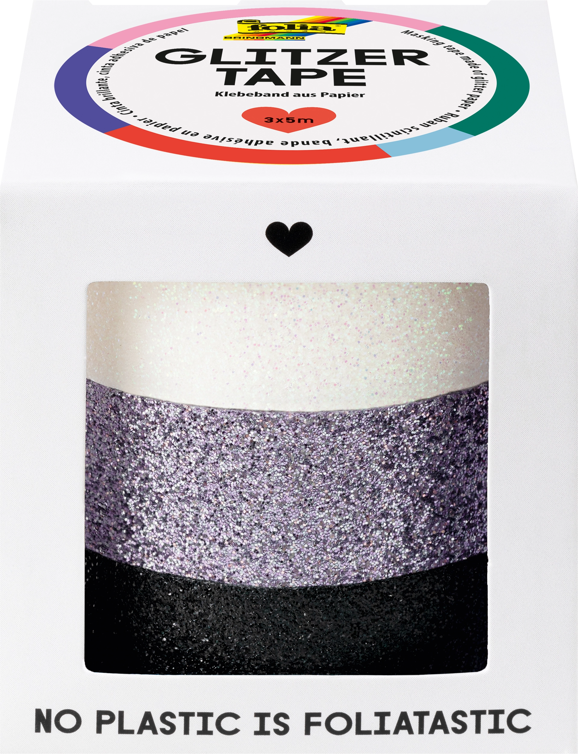 Glitzertape, Weiß, Grau, Schwarz, 3x 5 m, 3 Rollen