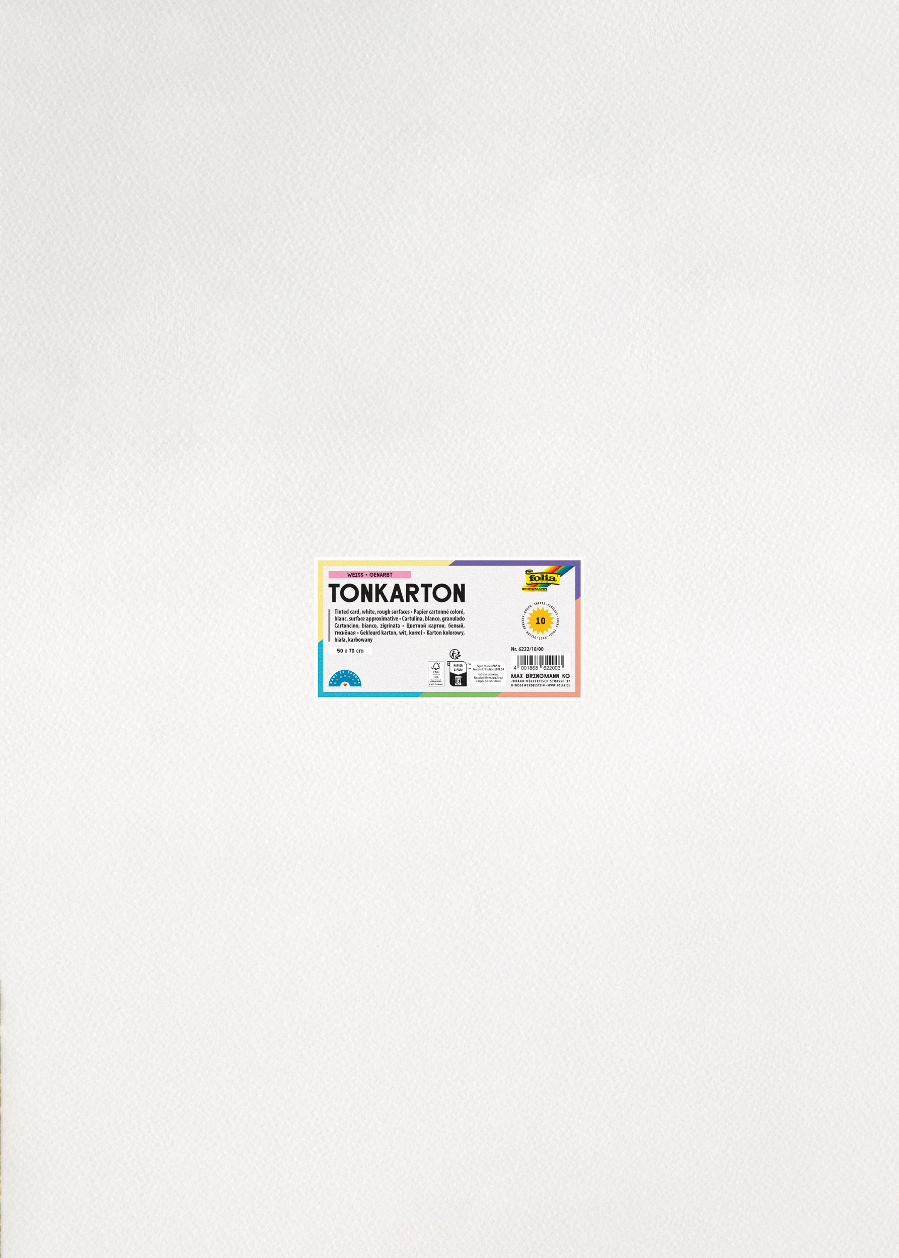 Tonkarton, Genarbt, Weiß, 50 x 70 cm, 220 g/m², 10 Blatt