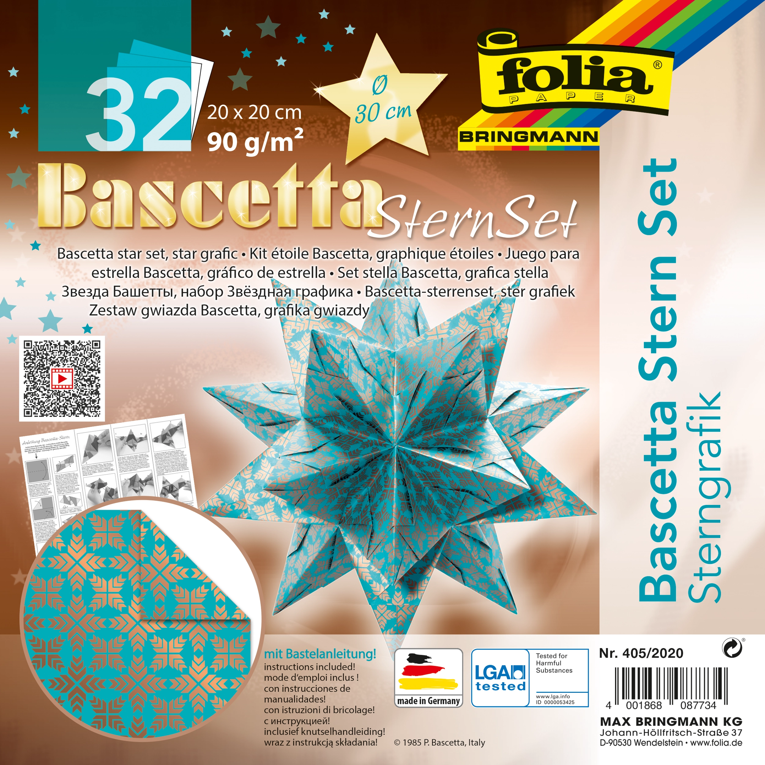 Bascetta Stern, Sterngrafik, Türkis & Kupfer, 20 x 20 cm, Ø 30 cm