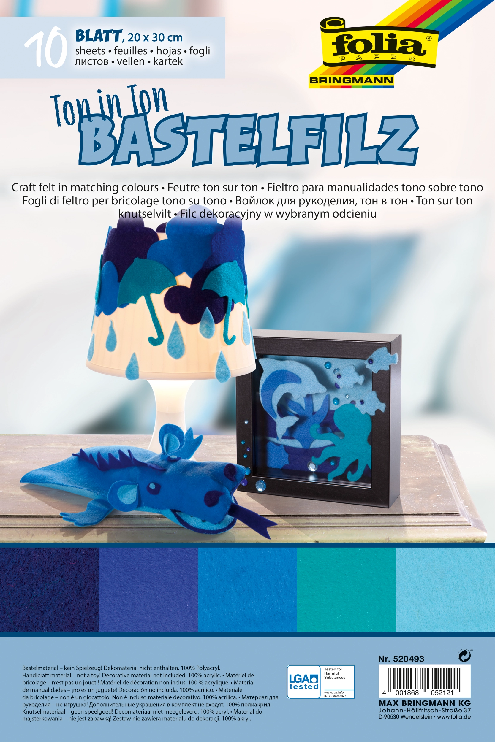 Bastelfilz, Ton in Ton, Blau, 20 x 30 cm, 150 g/m², 10 Blatt