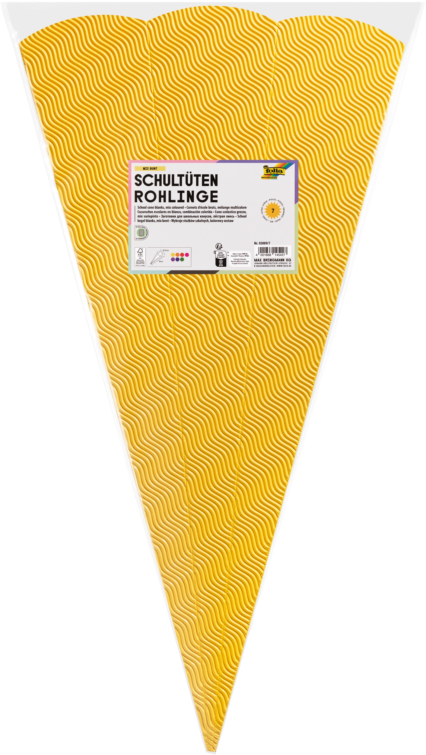Schultüten-Rohlinge aus 3D-Welle, Mix Bunt, 68 cm, 7 Stück