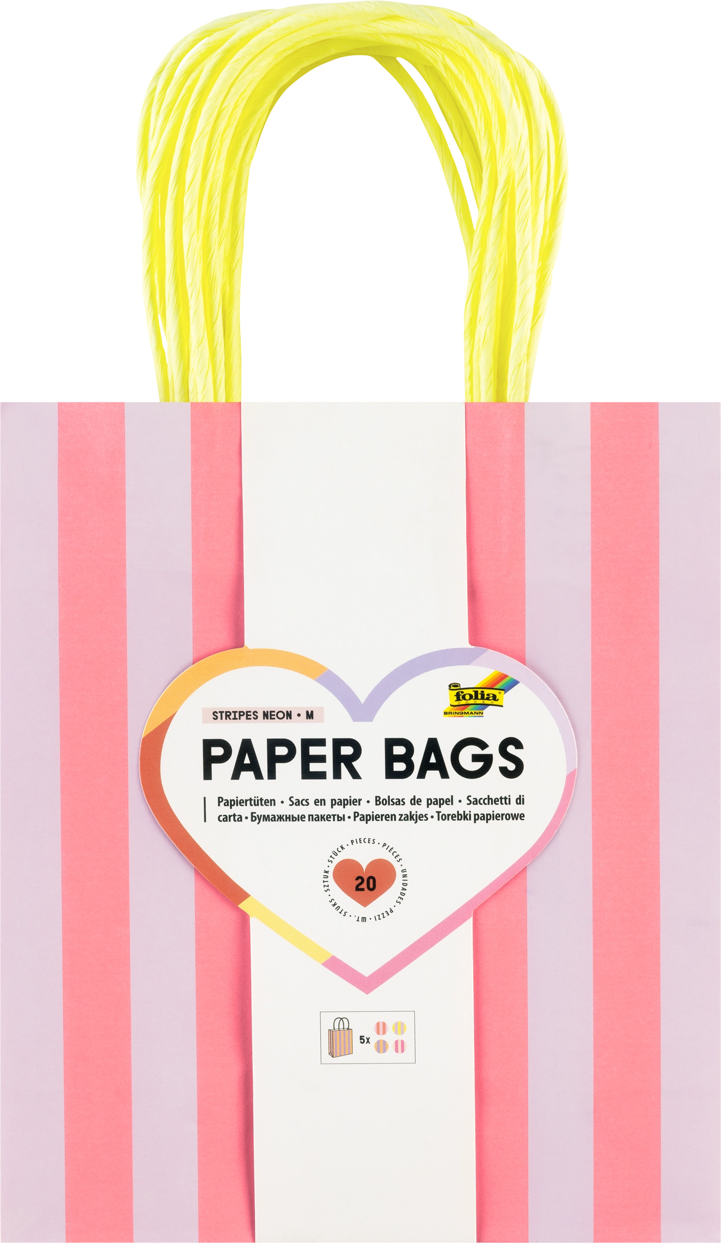 Paper Bags, Stripes, Neon, M, 110 g/m², 20 pieces