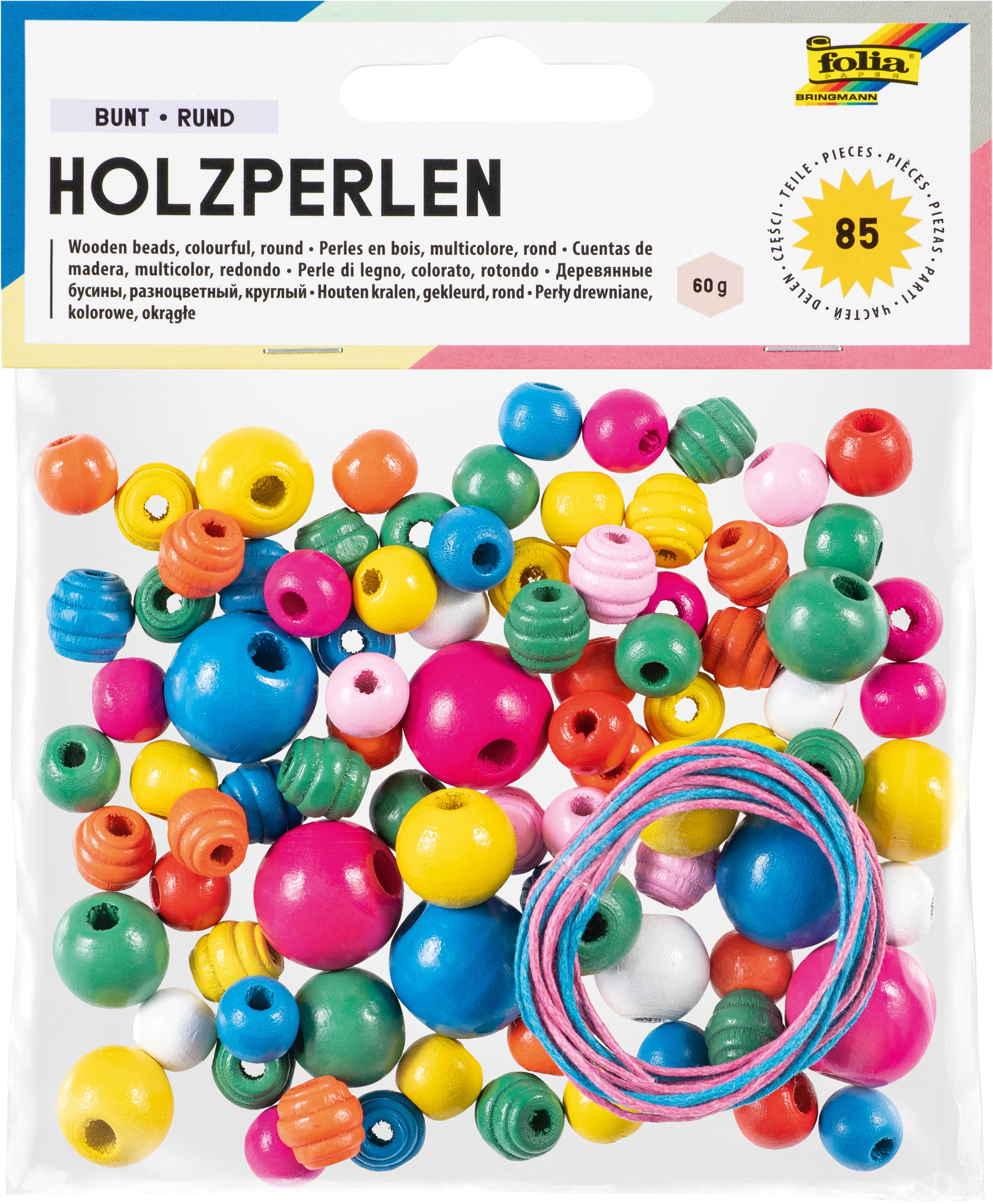 Holzperlen, Bunt, Rund, Ø 10 mm, Ø 12 mm, Ø 14 mm, Ø 18 mm, 85 Teile
