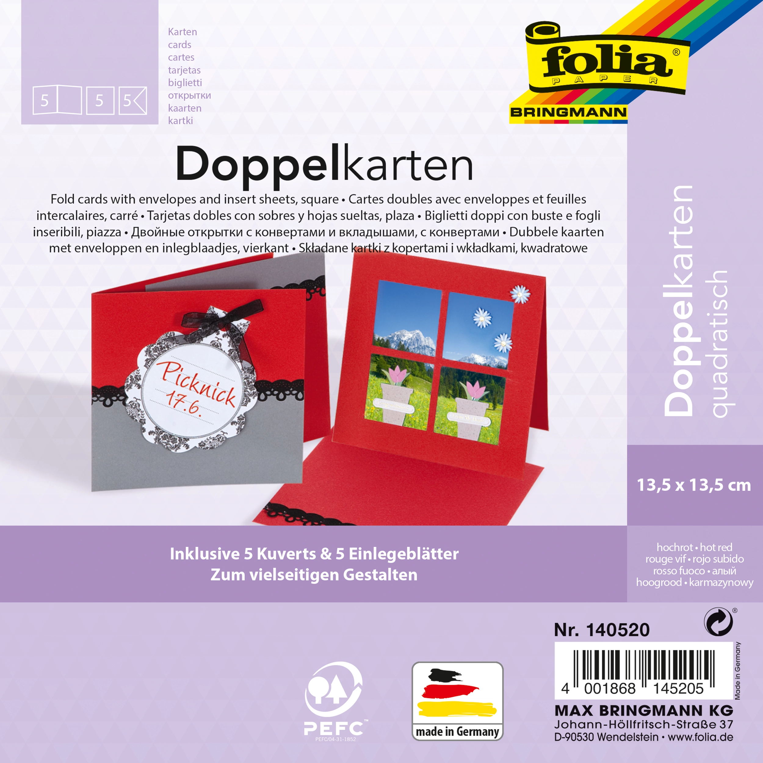 Klappkarten, Hochrot, Quadratisch, 13,5 x 13,5 cm, 130 g/m², 220 g/m² , 5 Stück
