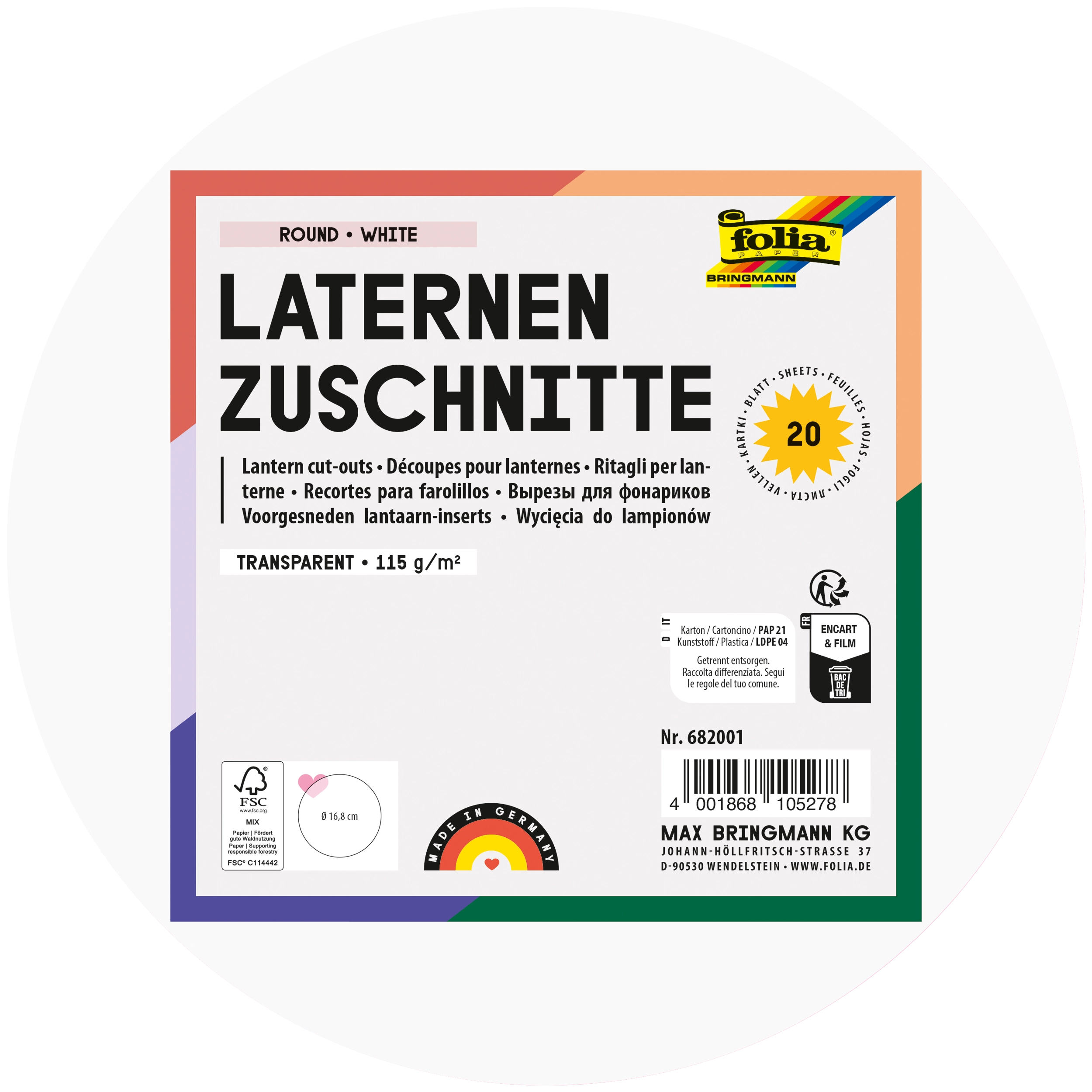 Laternenzuschnitte, Rund, Weiß, 115 g/m², Ø 16,8 cm, 20 Blatt