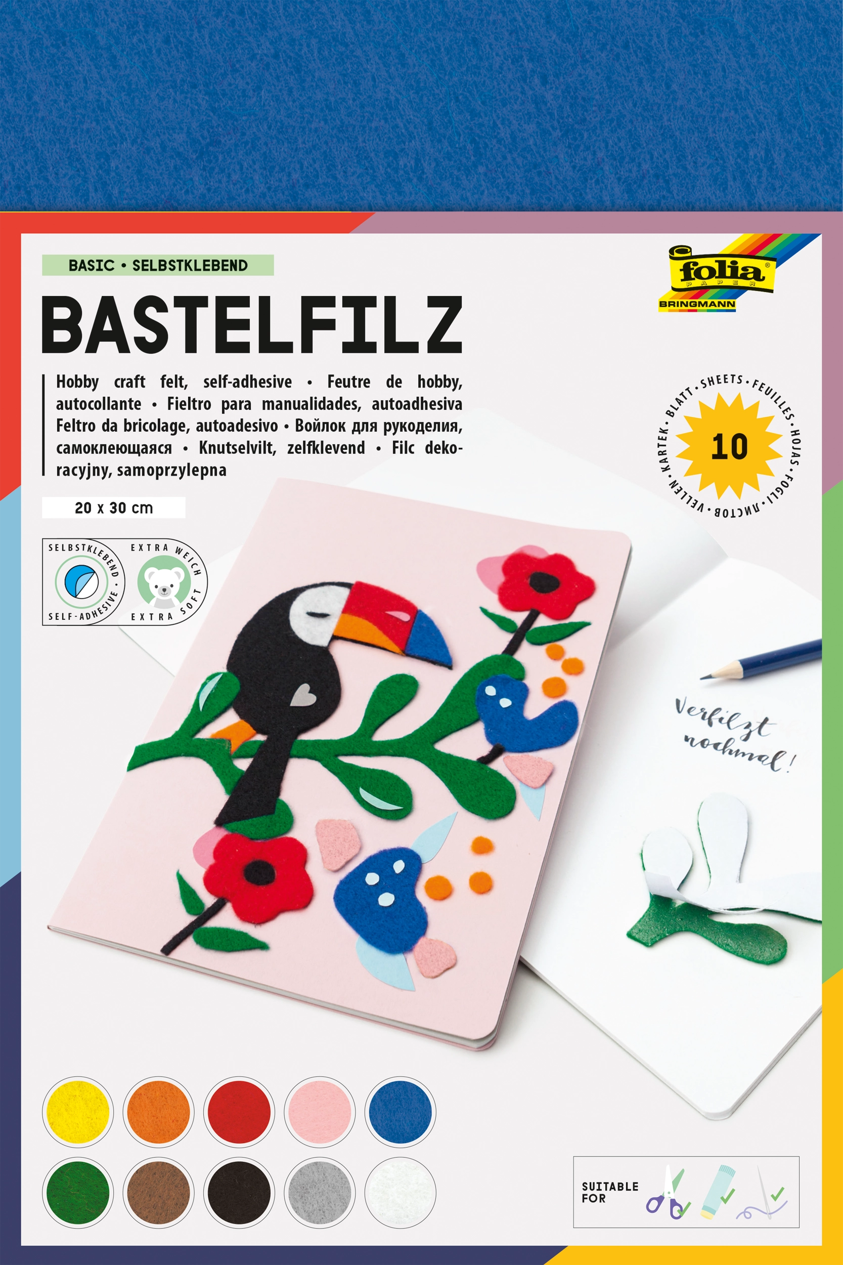 Bastelfilz, Basic, Selbstklebend, 20 x 30 cm, 150 g/m², 10 Blatt