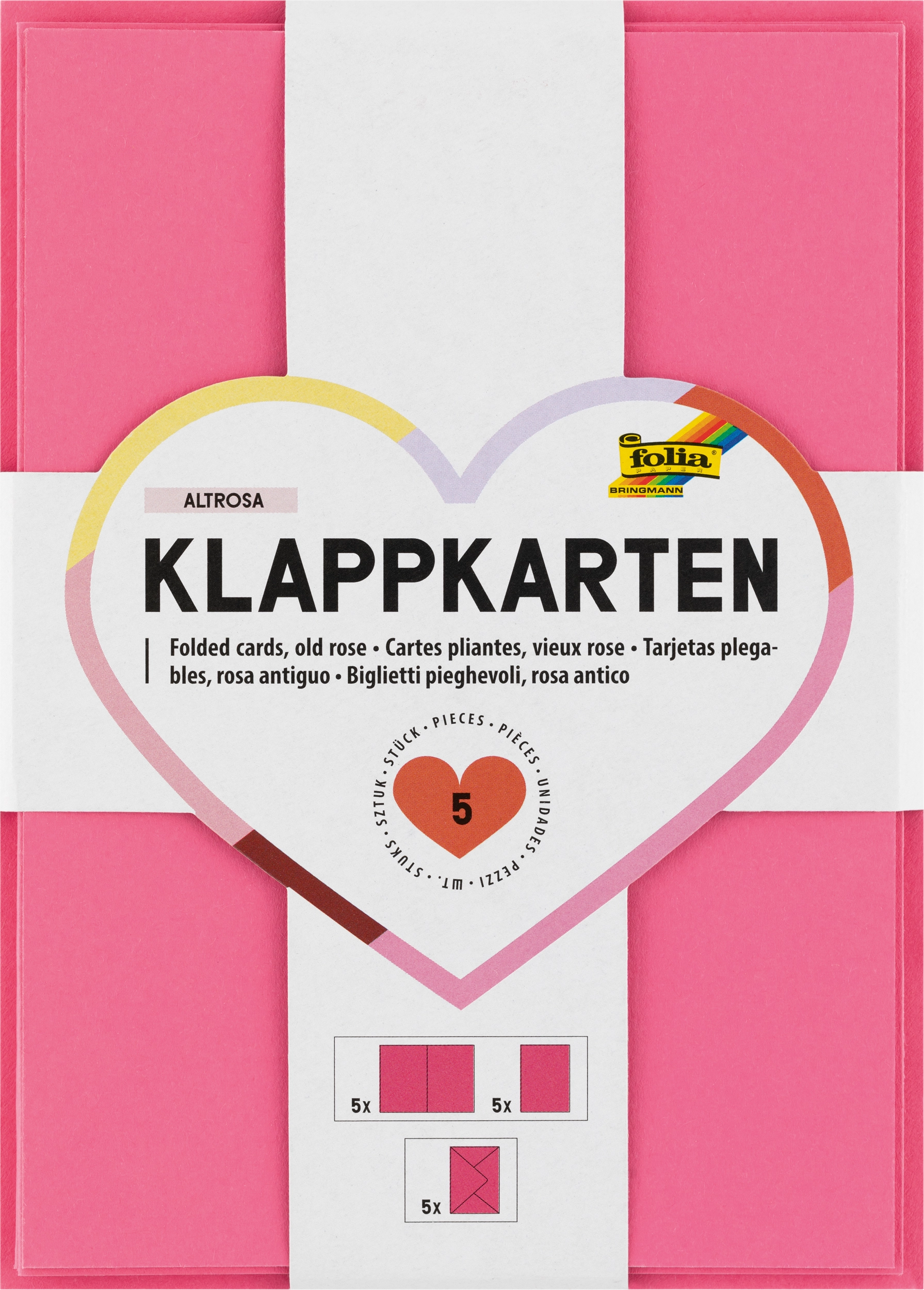 Folded cards, Old Rose, Rectangular, rectangular, 10,5 x 15 cm, 5 cards