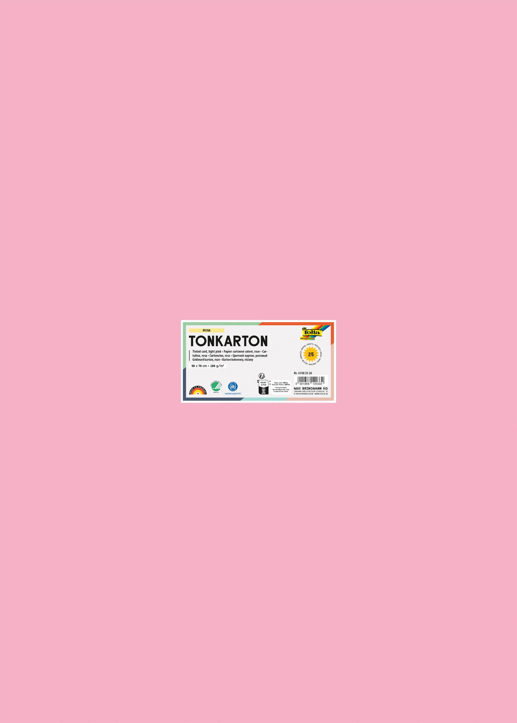 Tonkarton, Rosa, 50 x 70 cm, 180g/m², 25 Blatt
