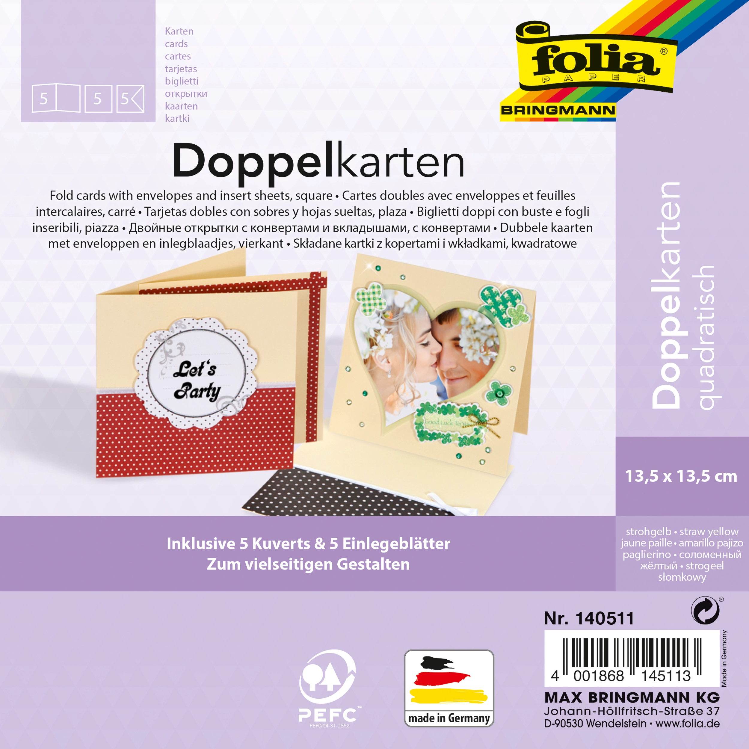 Klappkarten, Strohgelb, Quadratisch, 13,5 x 13,5 cm, 130 g/m², 220 g/m² , 5 Stück