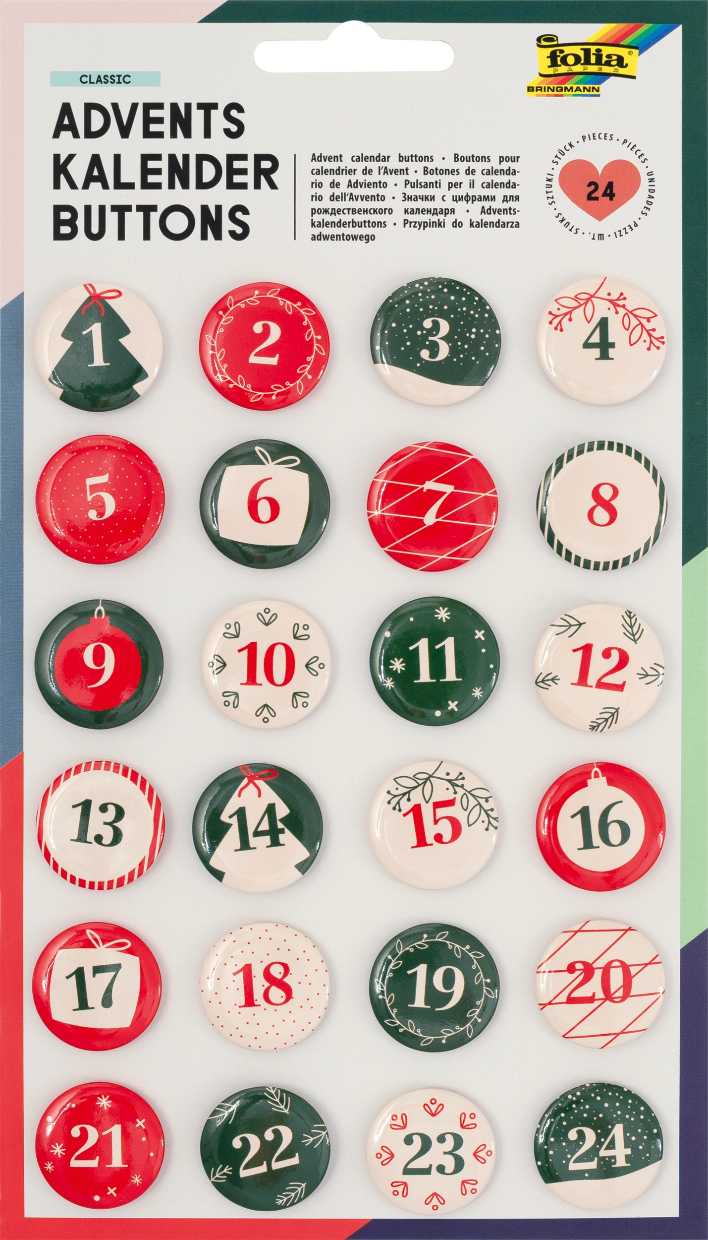 Adventskalender-Buttons, Classic, Ø 25 mm, 24 Stück