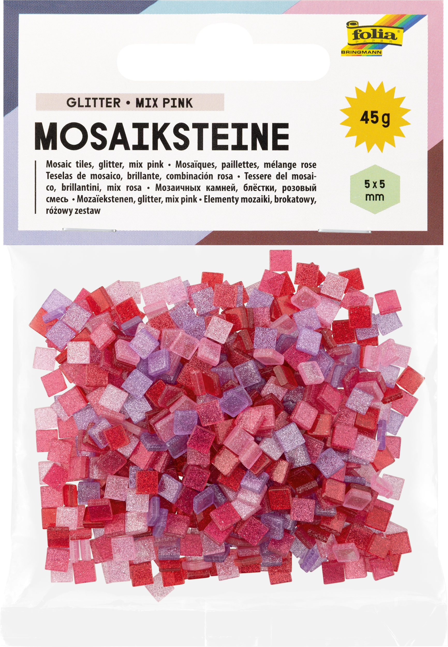 Resin-Mosaiksteine, Glitter, Mix Pink, 5 x 5 mm, 700 Stück