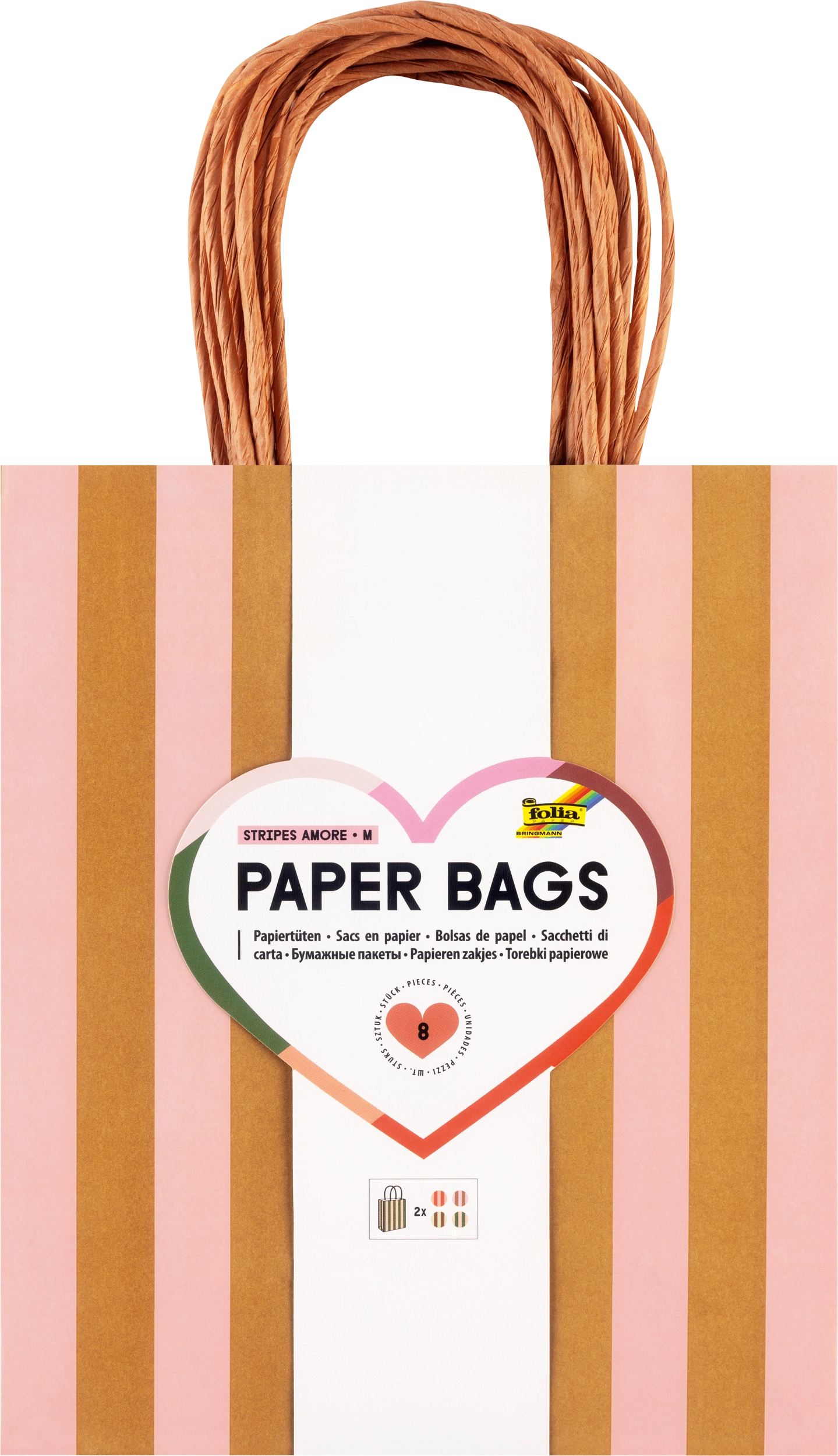 Paper Bags, Stripes, Amore, M, 110 g/m², 8 pieces