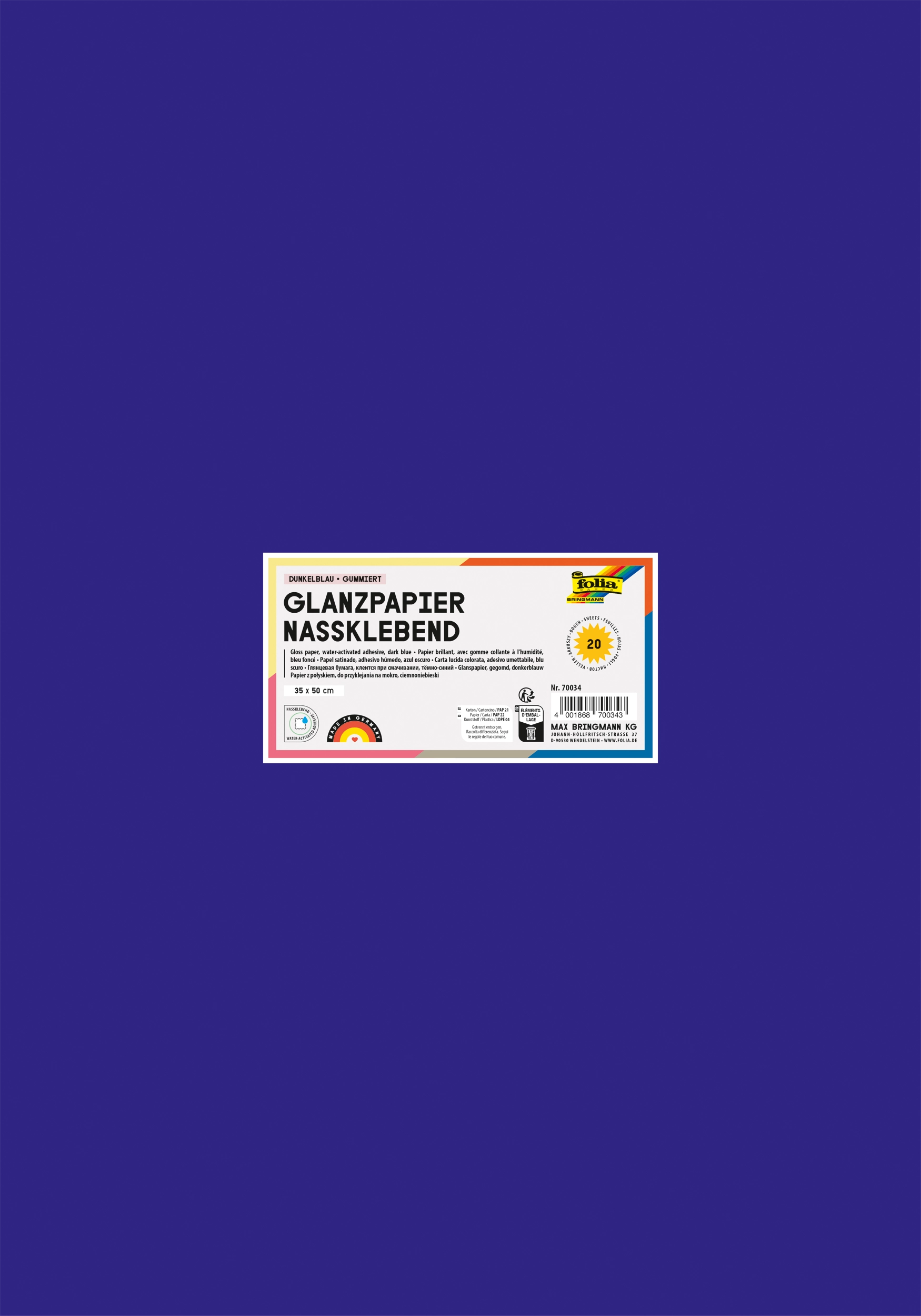Glanzpapier Nassklebend, Dunkelblau, Gummiert, 35 x 50 cm, 80 g/m², 20 Blatt