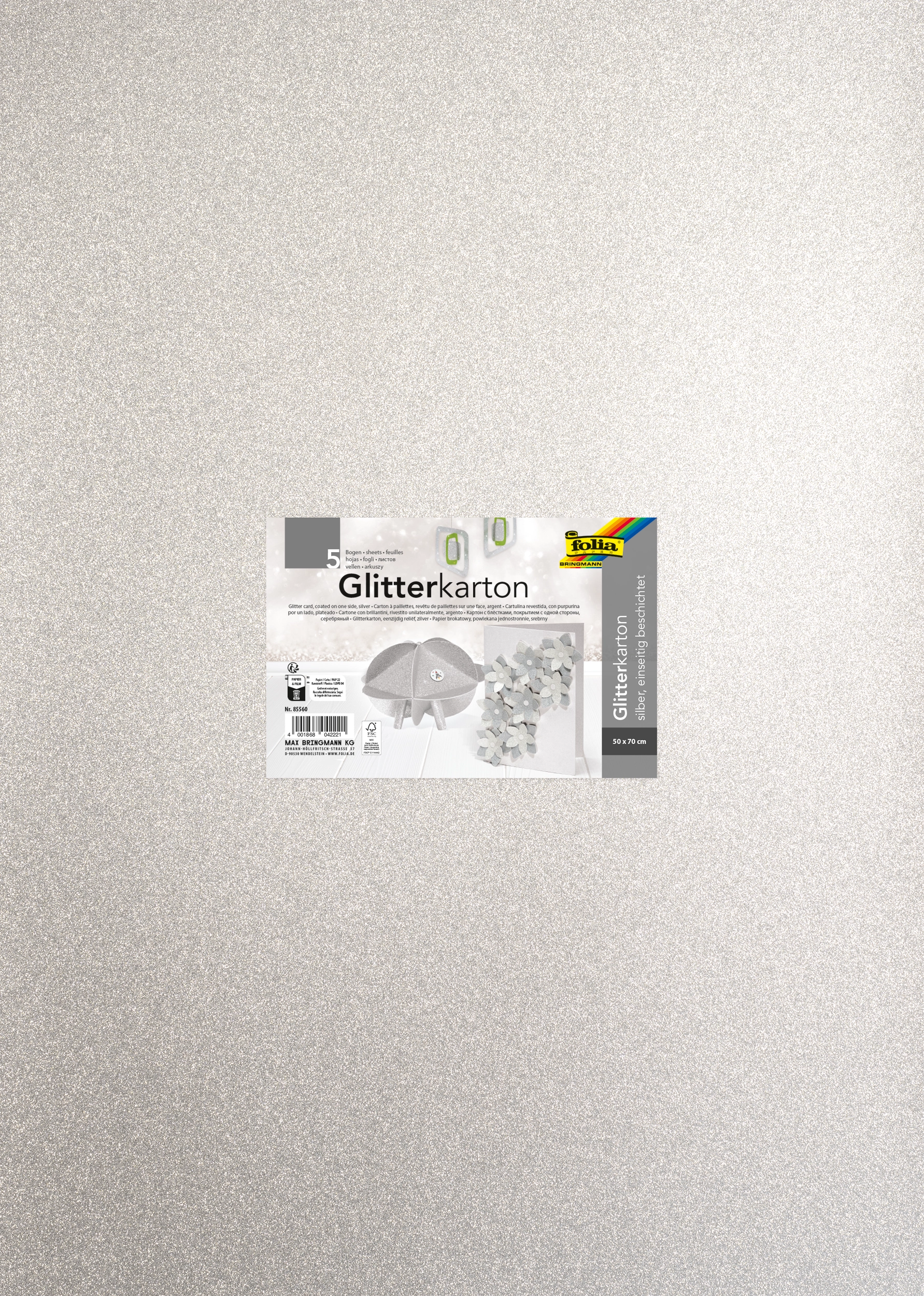 Glitter Cardboard, Silver, 50 x 70 cm, 300 g/m², 5 sheets