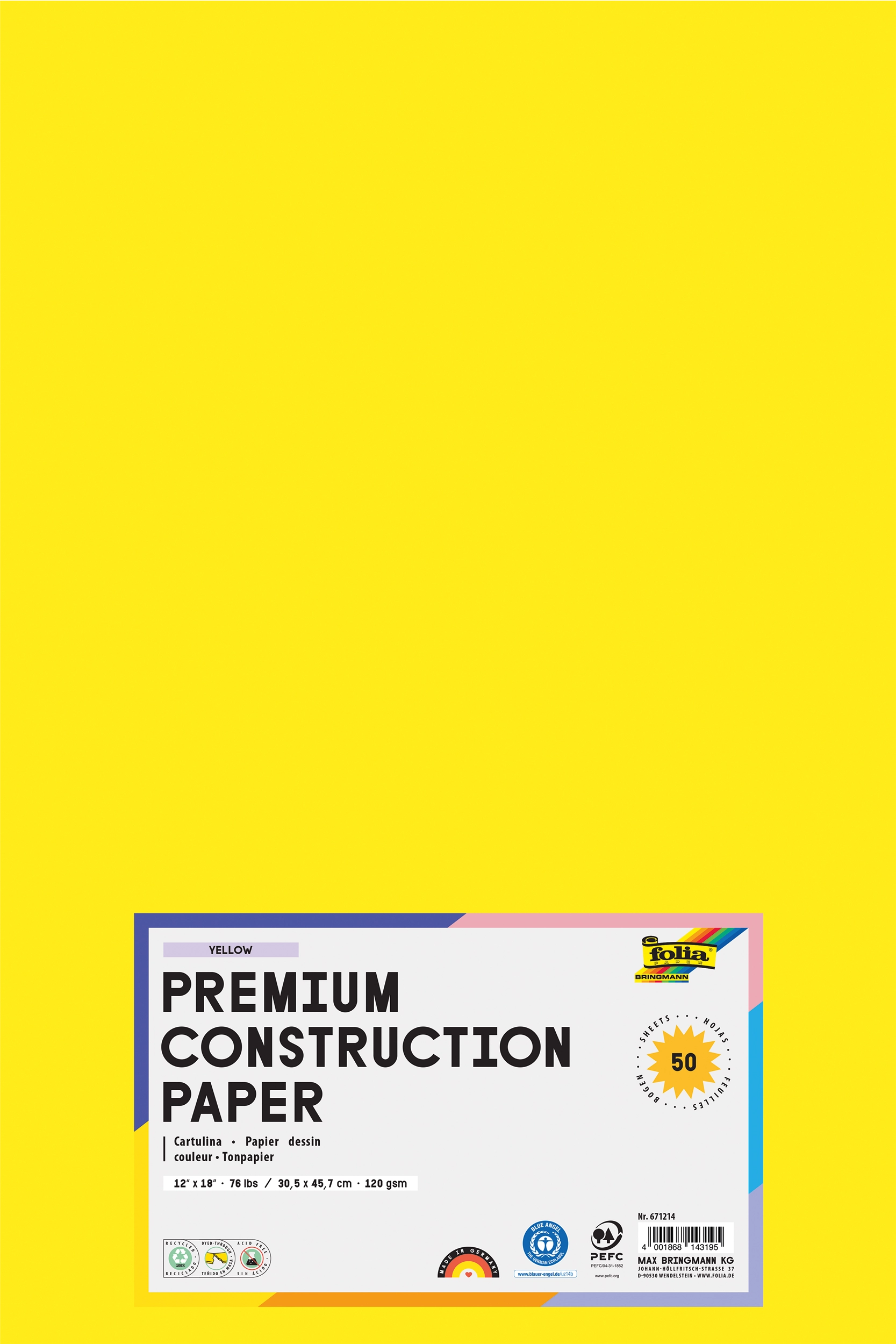 Tonpapier, Bananengelb, 30,5 x 45,7 cm, 120 g/m², 50 Blatt