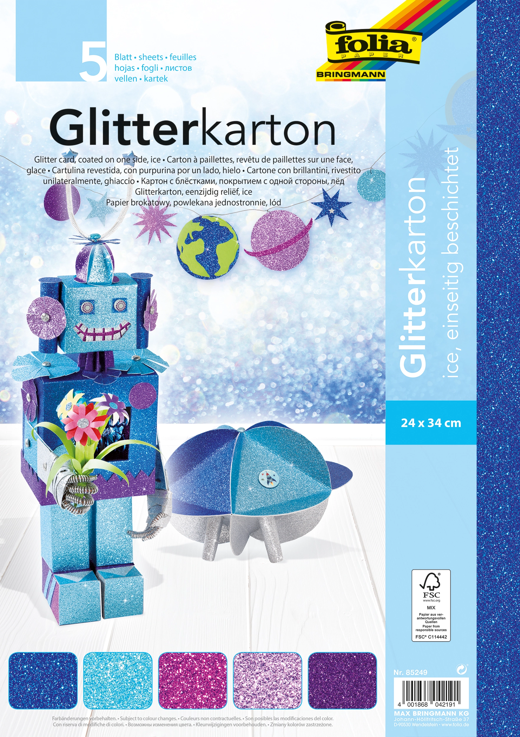 Glitter Cardboard, Ice, 24 x 34 cm, 300 g/m², 5 sheets