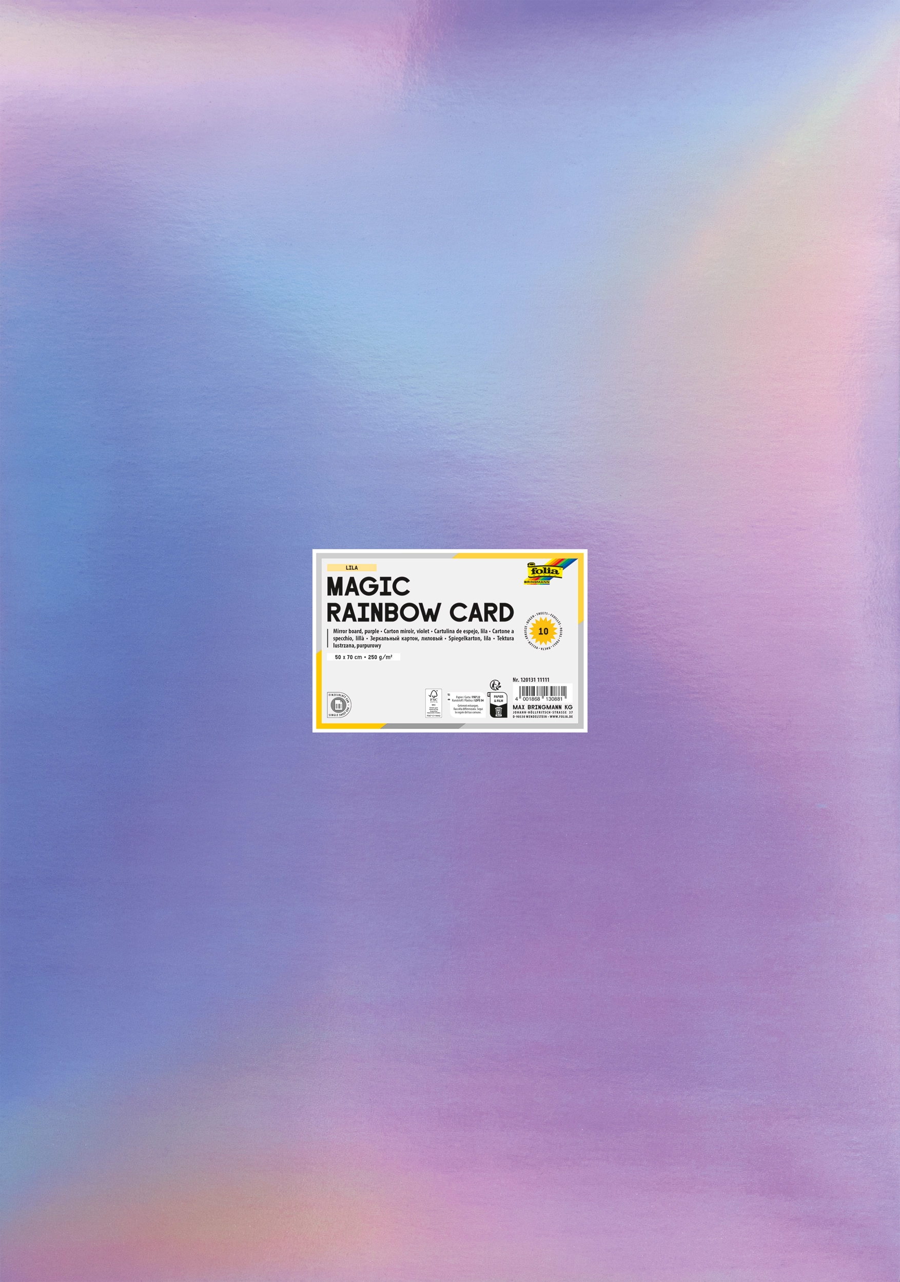 Magic Rainbow Card, Lilac, Iridescent, 50 x 70 cm, 250 g/m², 10 sheets, with individual EAN