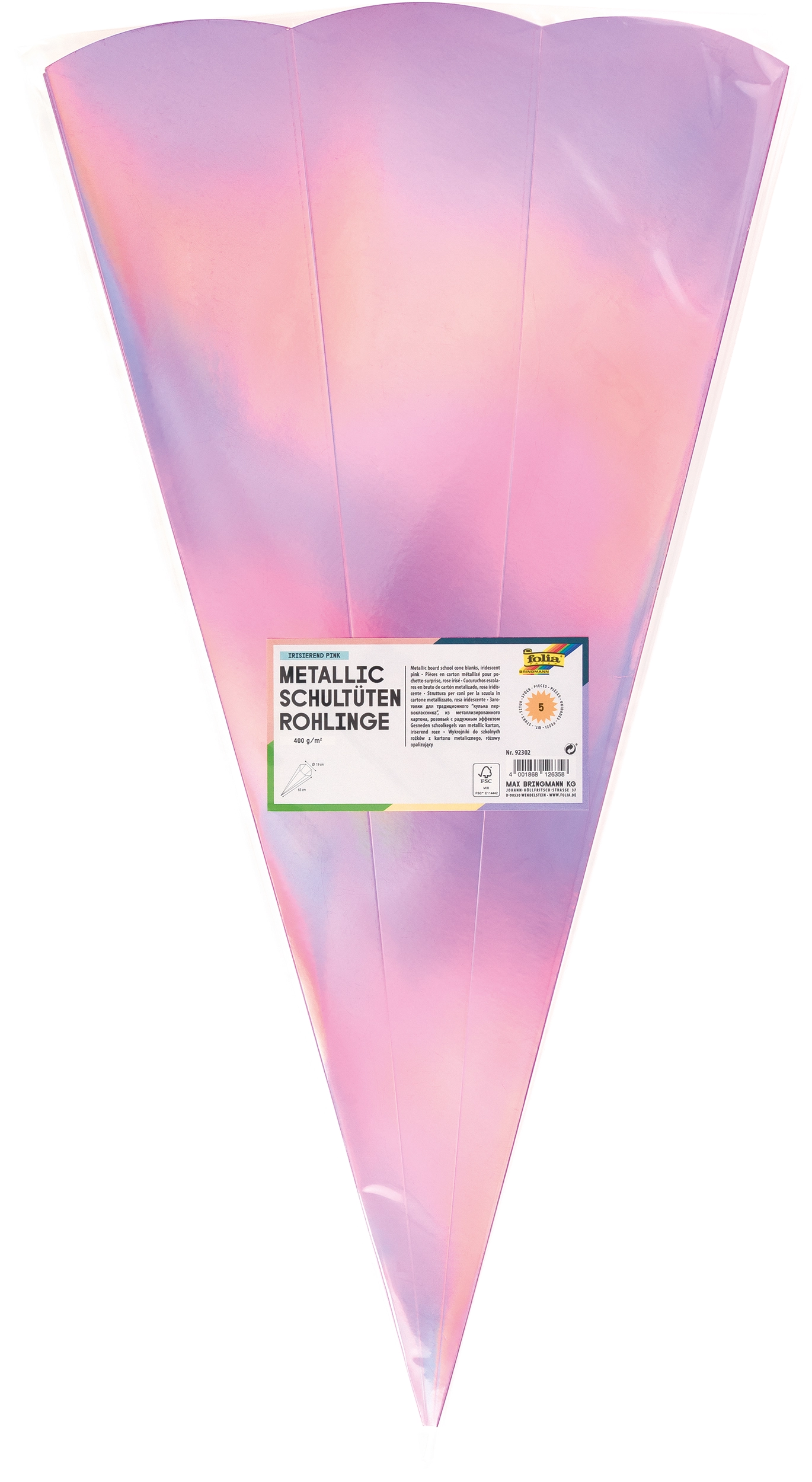 Metallic Schultüten-Rohlinge , Irisierend Pink, 400 g/m², 68 cm, 5 Stück