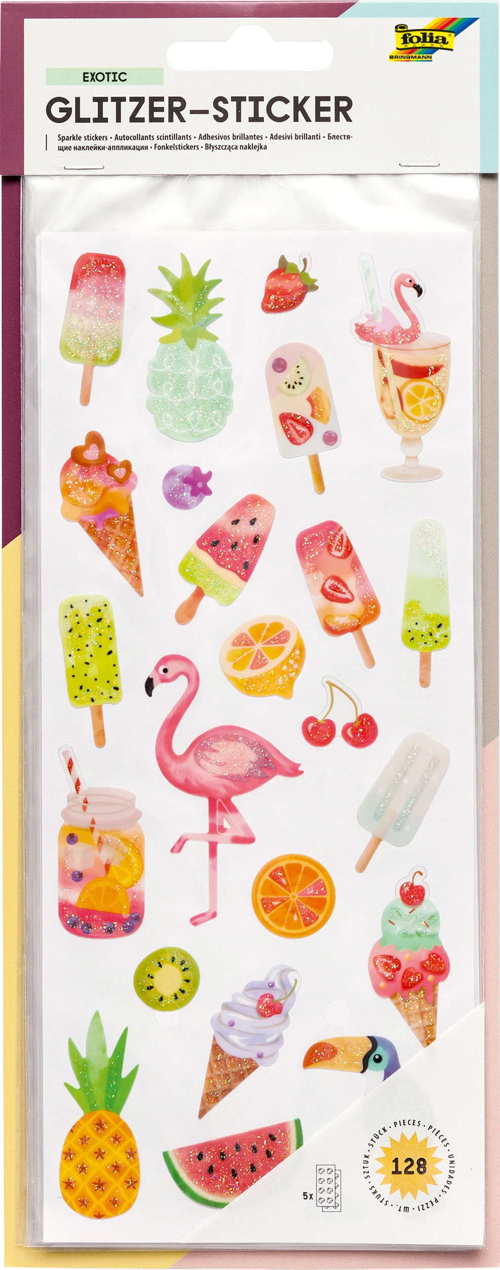 Glitzer-Sticker, Exotisch, 128 Sticker, 5 Blatt