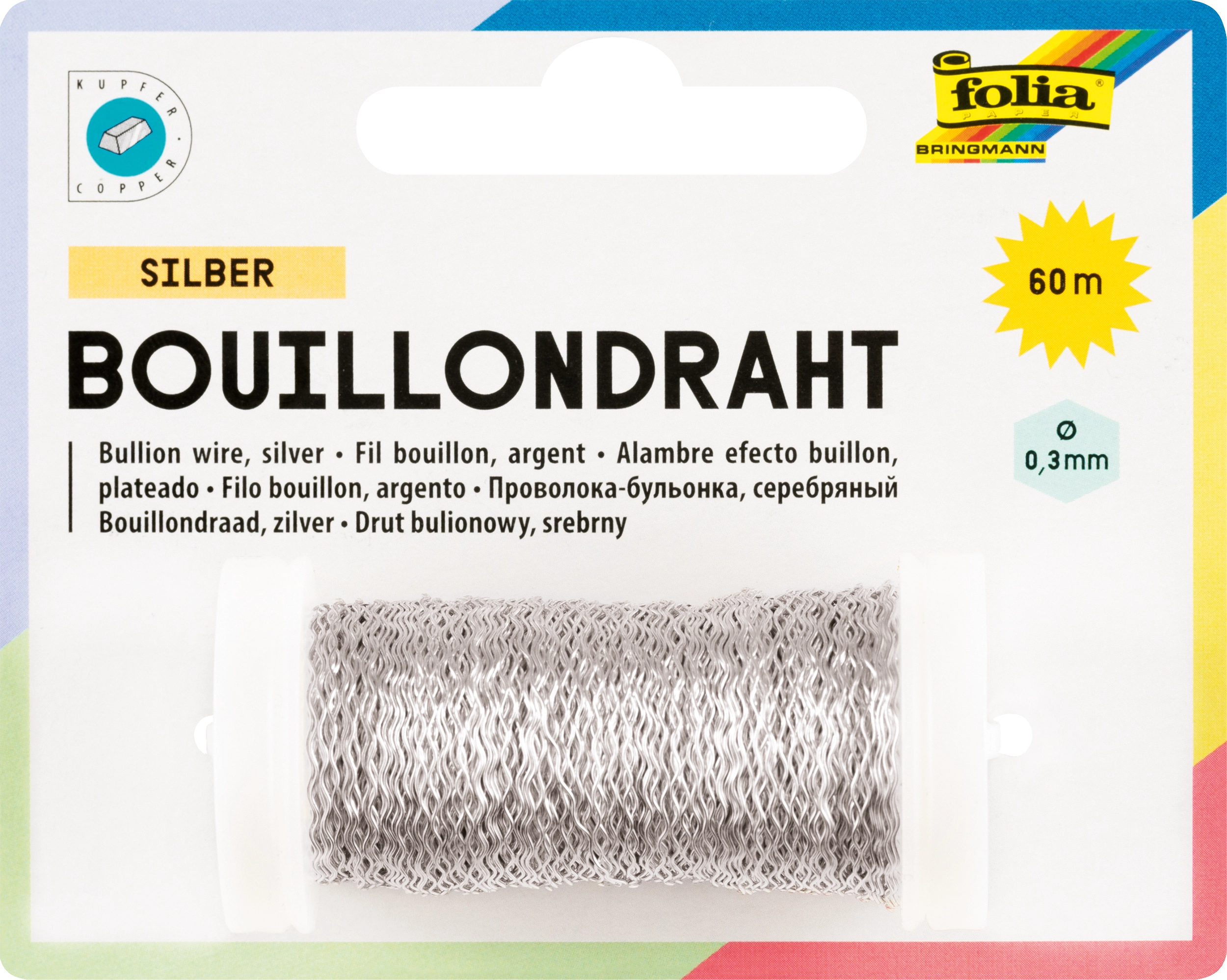 Bouillondraht, Silber, Ø 0,3 mm x 60 m, 1 Spule