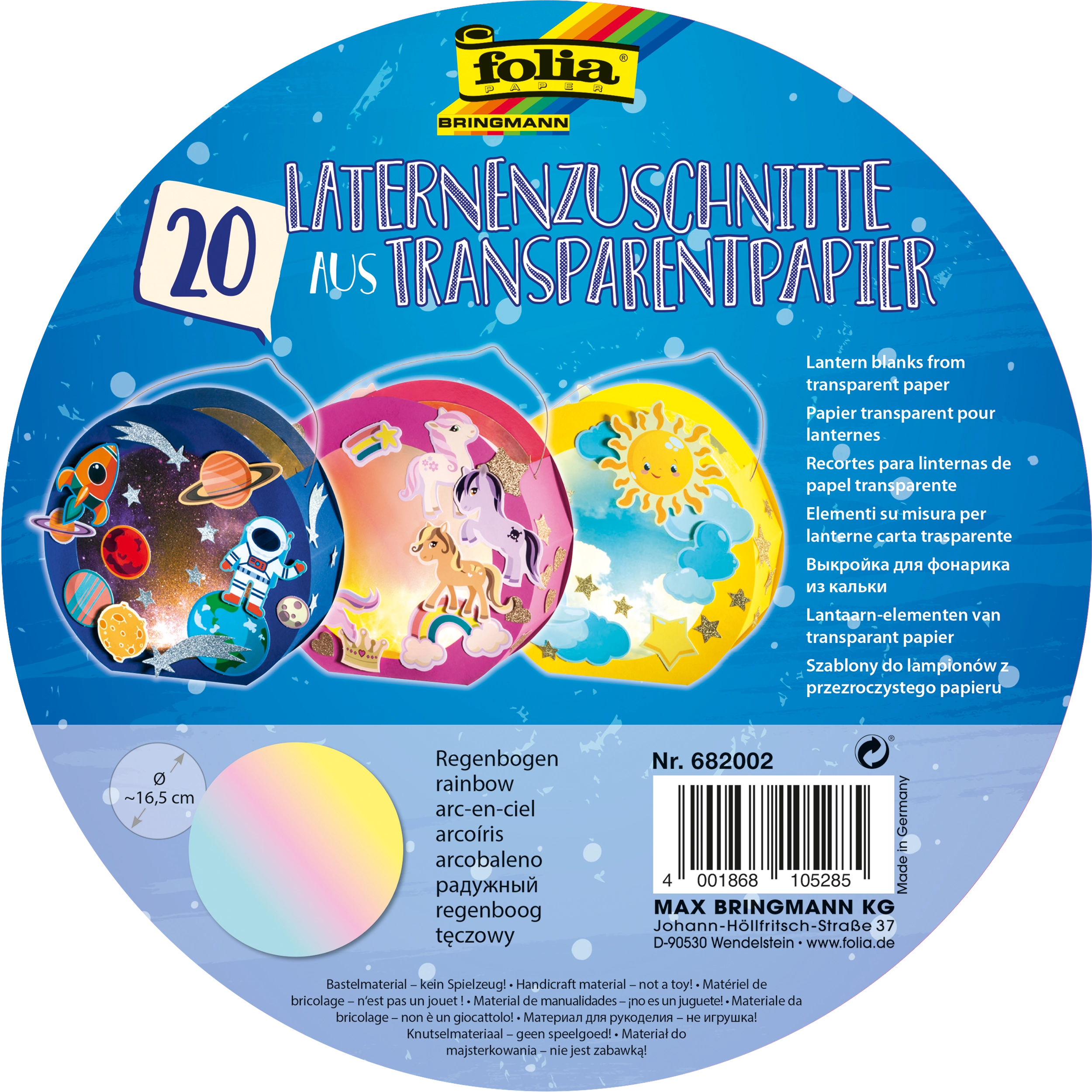 Laternenzuschnitte, Rund, Regenbogen, 115 g/m², Ø 16,8 cm, 20 Blatt
