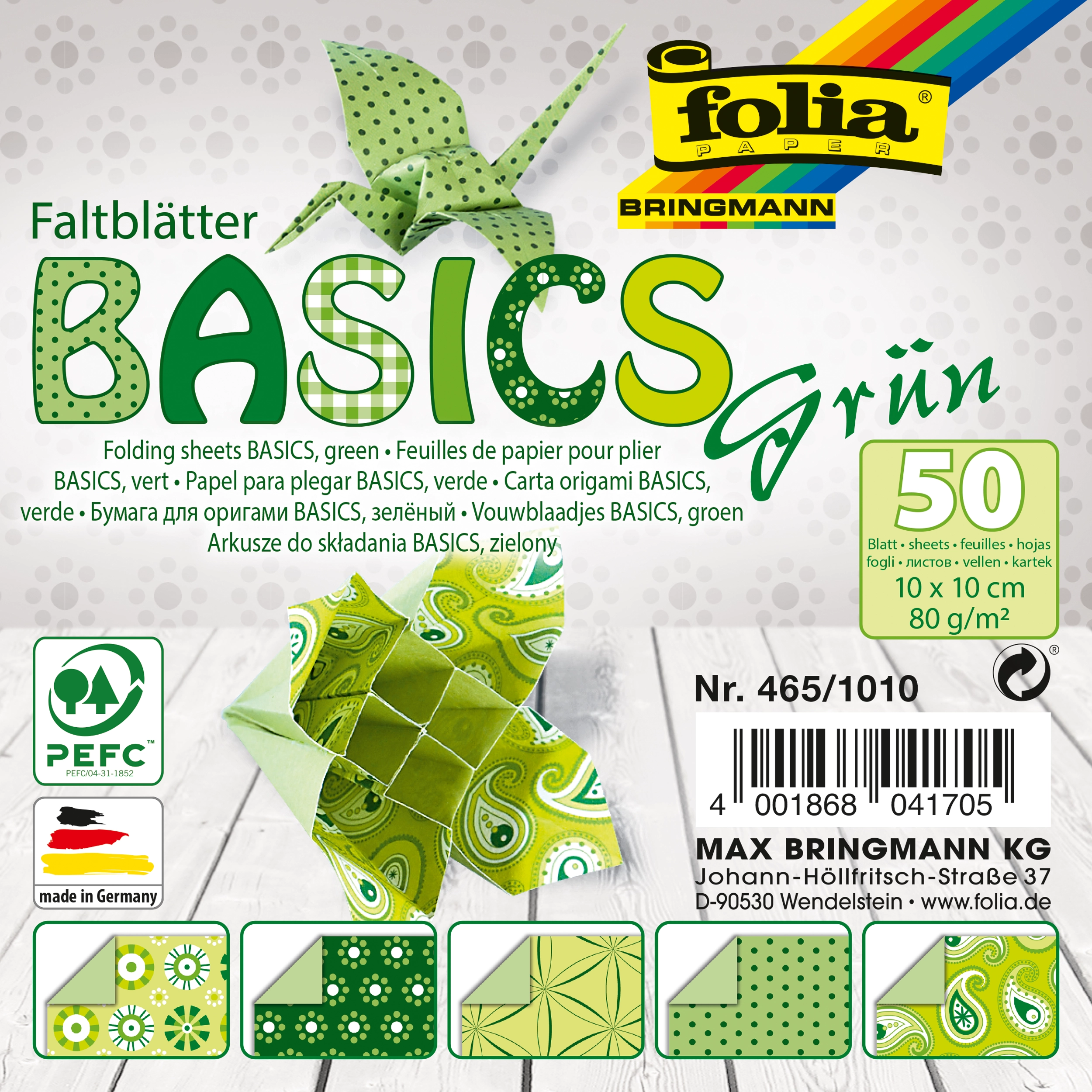 Origamipapier, Basics, Grün, 10 x 10 cm, 80 g/m², 50 Blatt