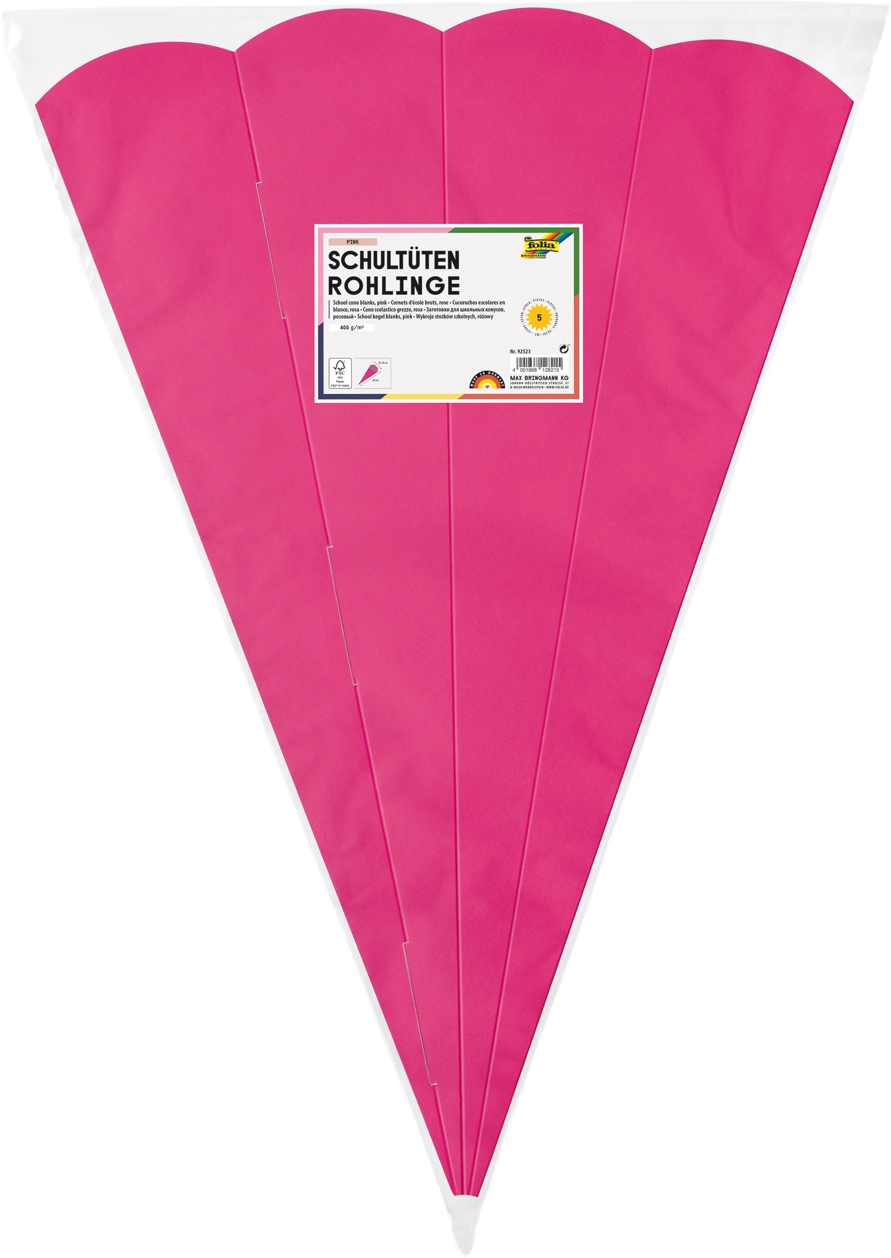 Schultüten-Rohlinge, Pink, 400 g/m², 68 cm, 5 Stück