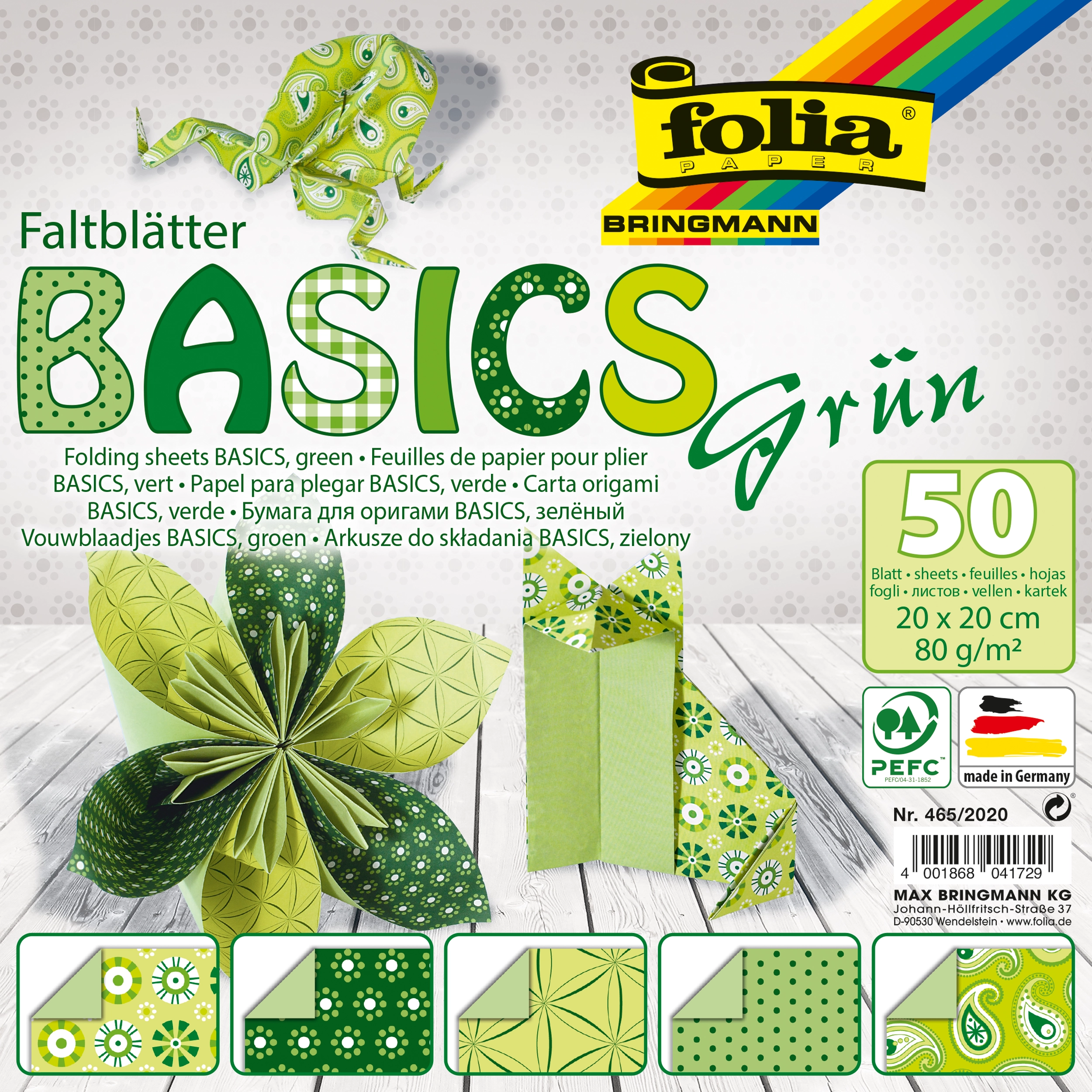 Origamipapier, Basics, Grün, 20 x 20 cm, 80 g/m², 50 Blatt